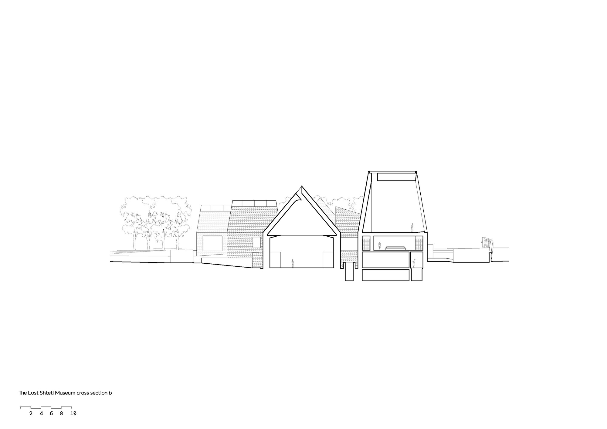Cross section drawing depicting gabled and tower volumes with varied roof pitches and adjacent vegetation