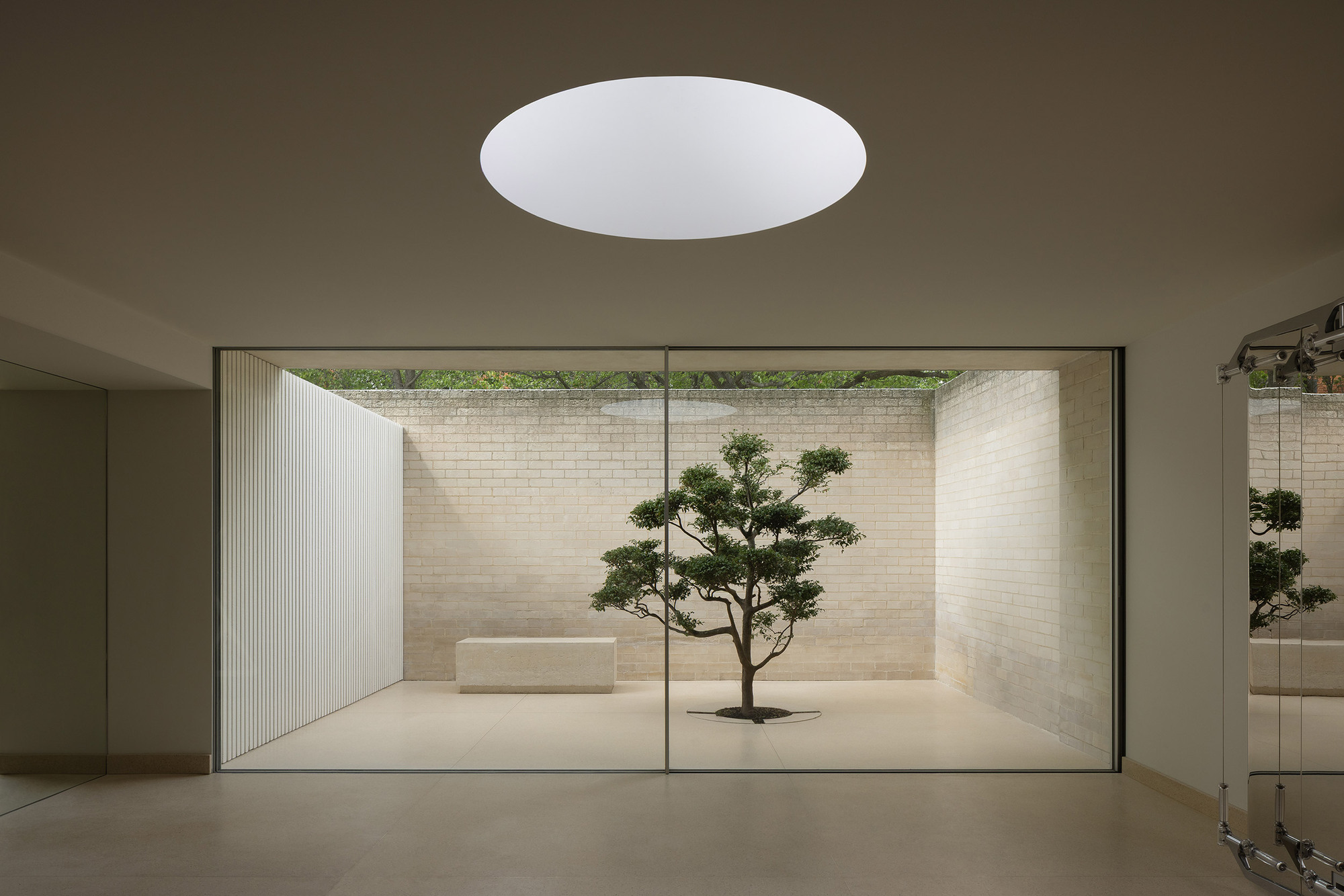 Glass-enclosed courtyard with single bonsai tree and cream brick walls beneath a circular skylight