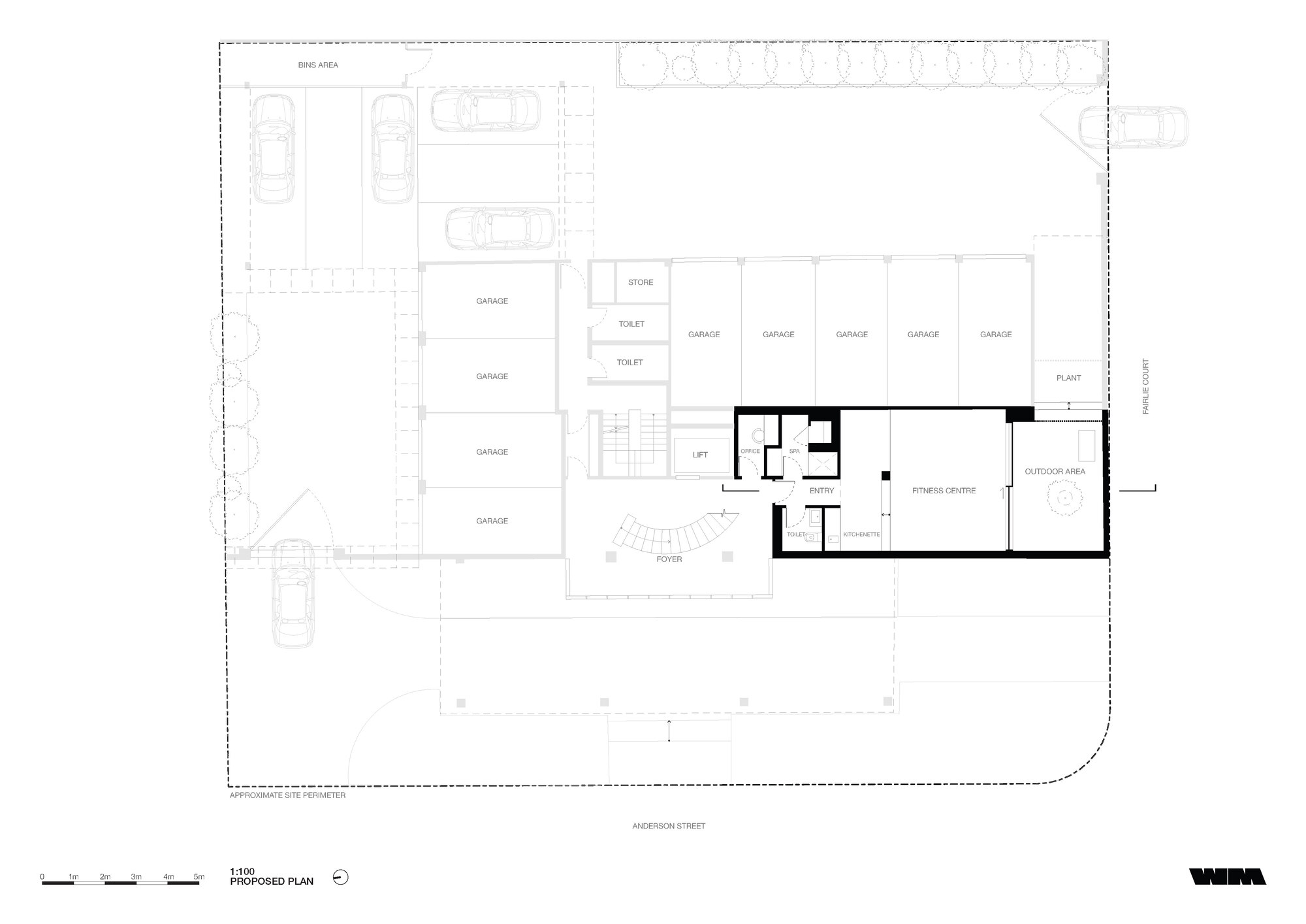 Proposed floor plan showing garage spaces and fitness center with outdoor area at ground level