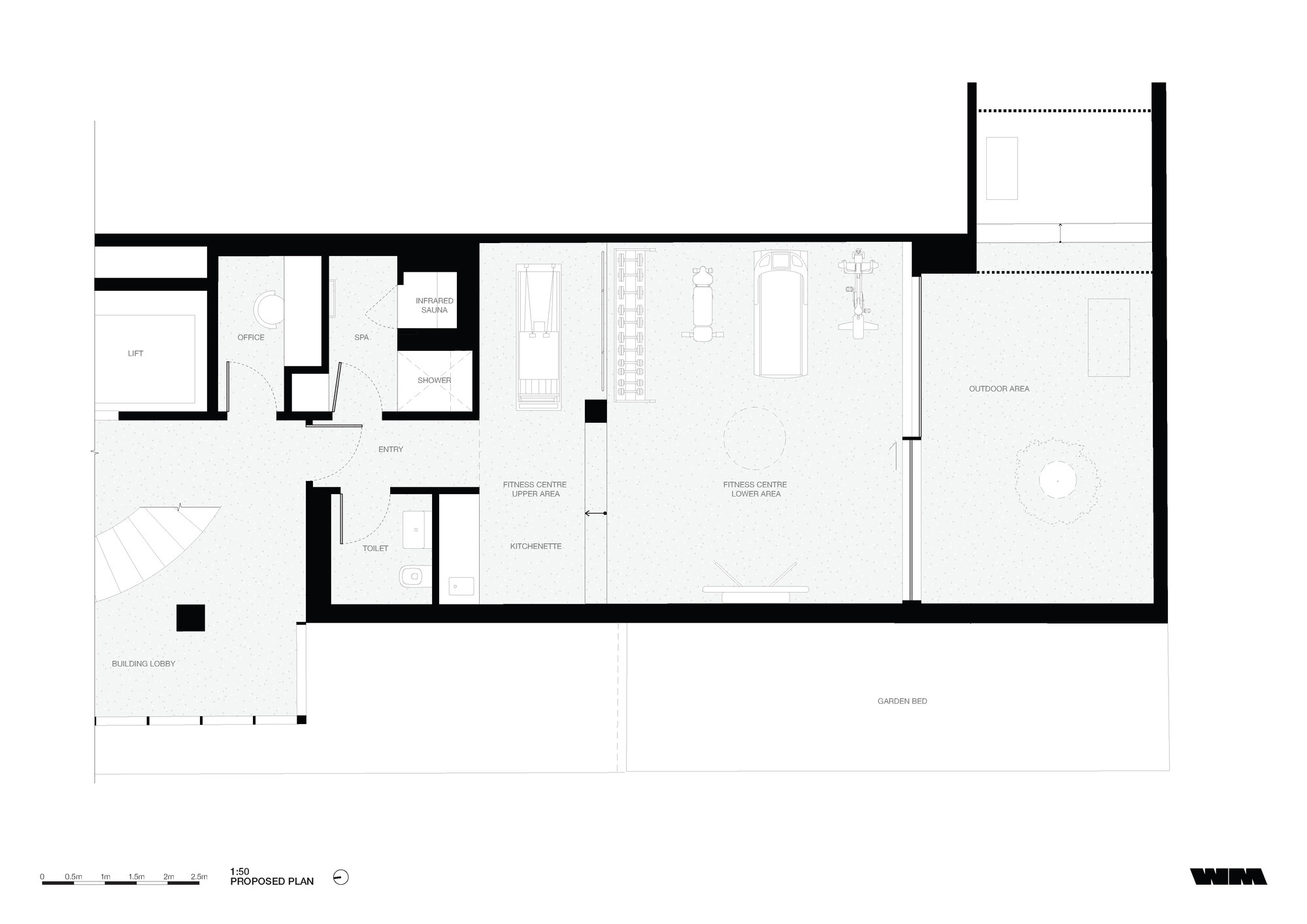 Proposed floor plan showing fitness center with library area and outdoor terrace at upper level
