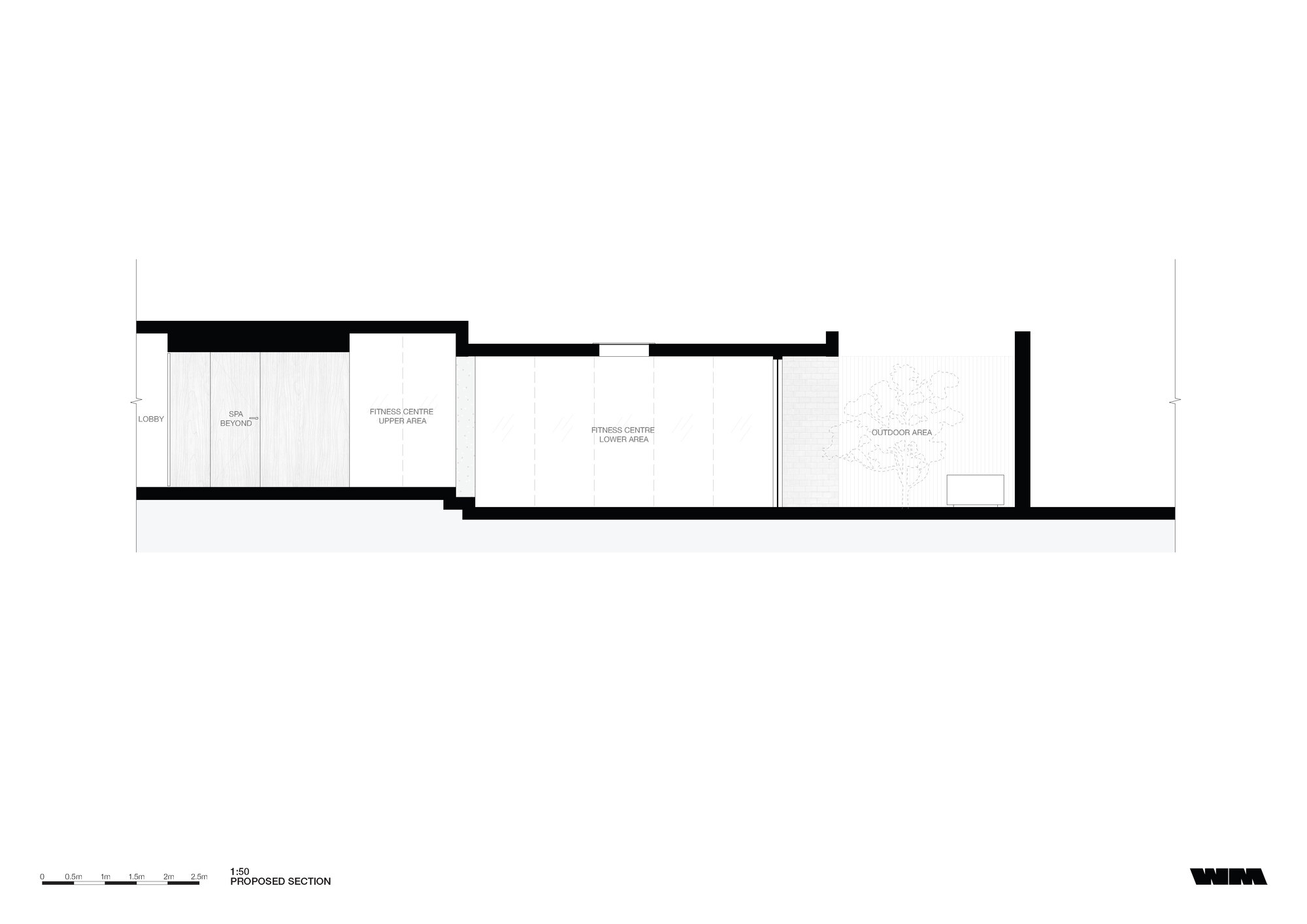 Section drawing showing interior spatial relationships between fitness center and outdoor area with planted bed