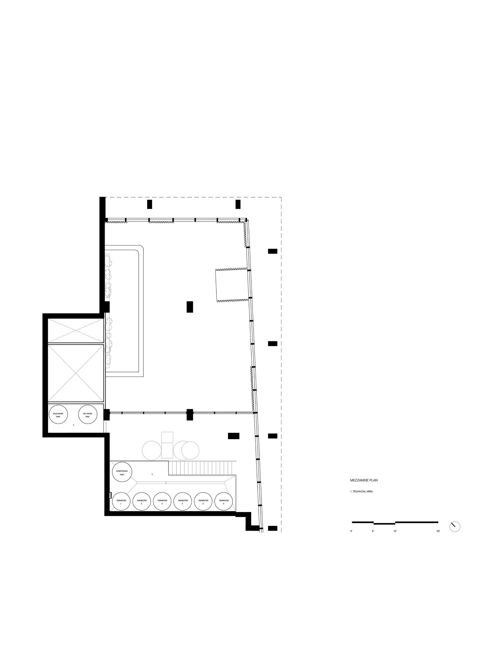 Mezzanine floor plan illustrating the upper level seating and service areas with central staircase