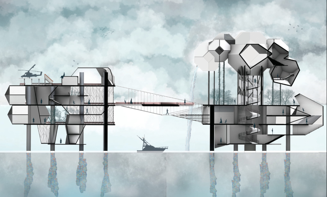 A sectional view revealing interconnected spaces, elevated platforms, and a bridge linking the island's key functions.