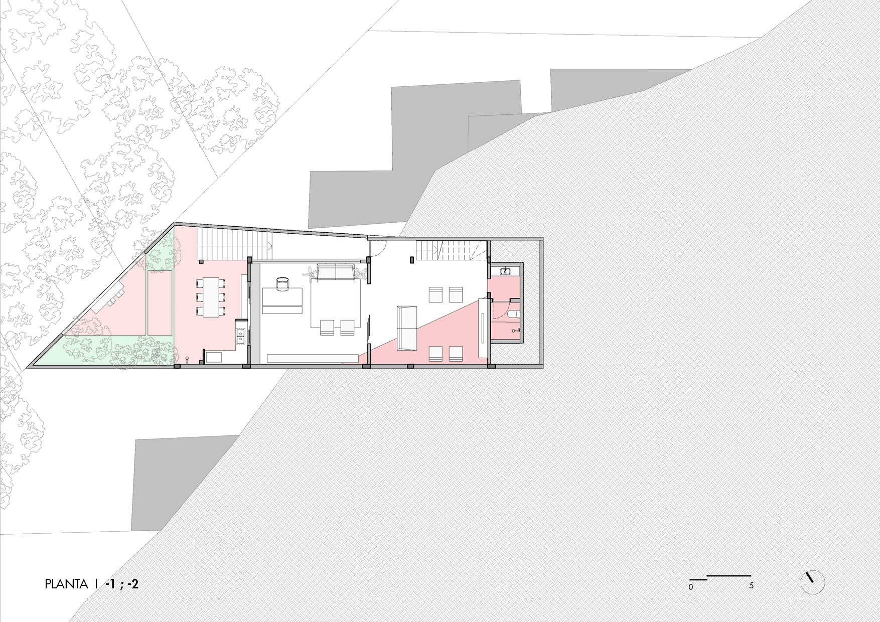 Floor plan drawing showing open living and dining spaces with central stair and terraces