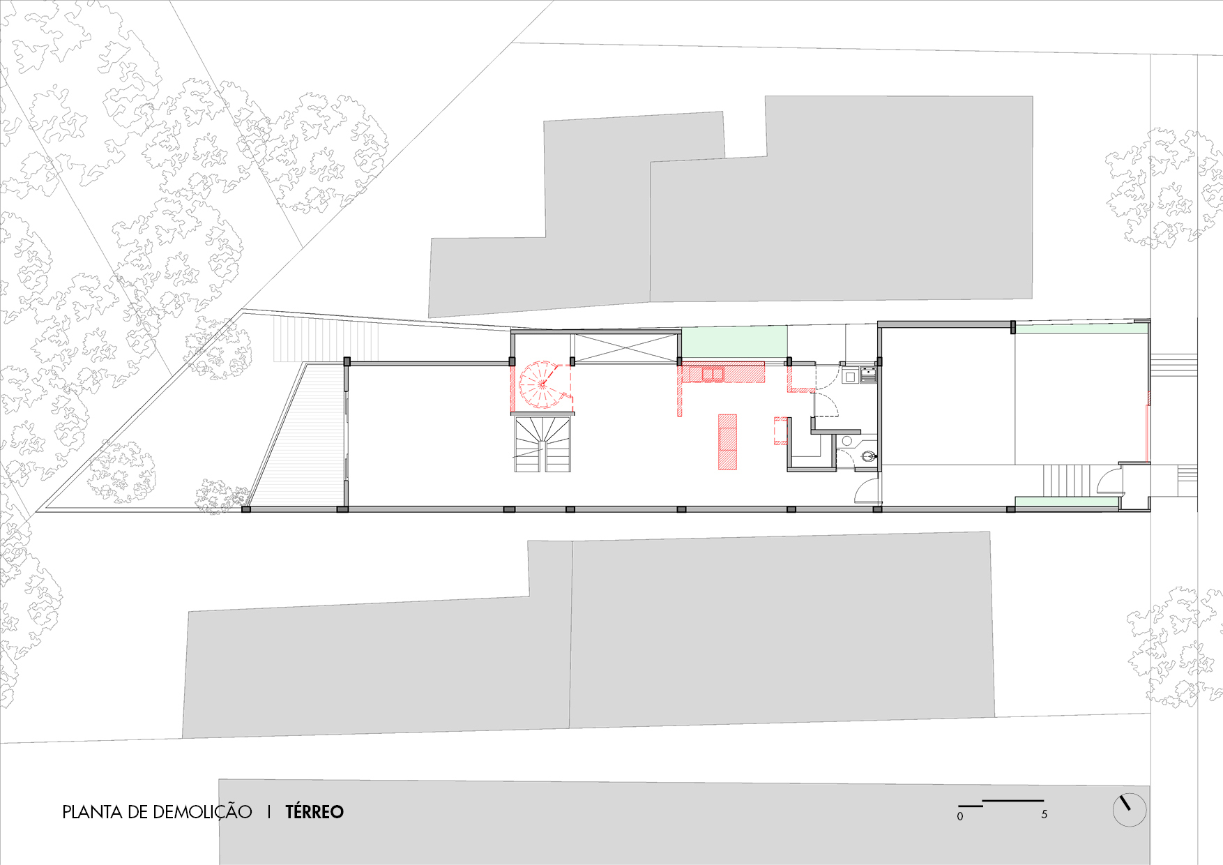 Roof level floor plan drawing showing service spaces, stair, and surrounding context