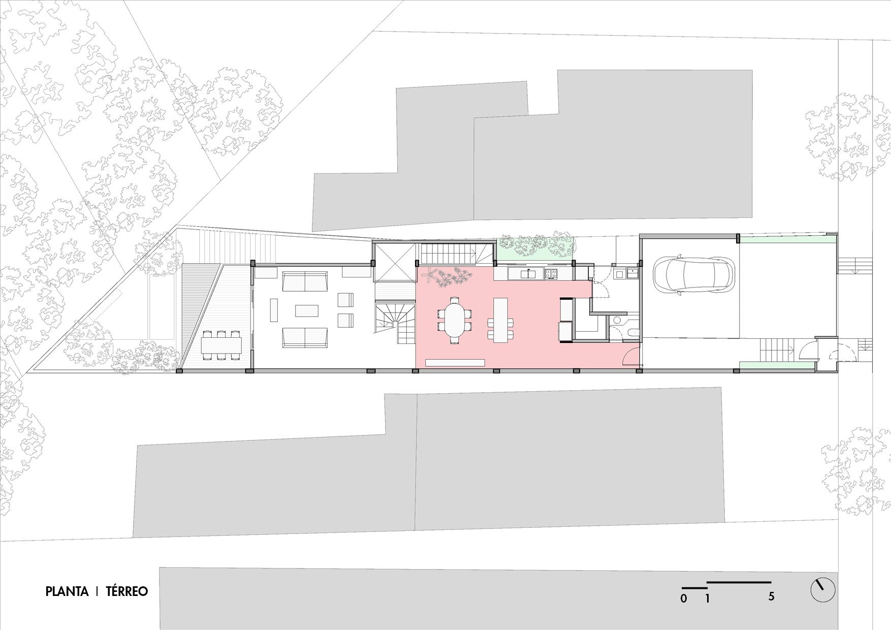 Ground floor plan drawing showing dining area, outdoor terrace, and carport with trees