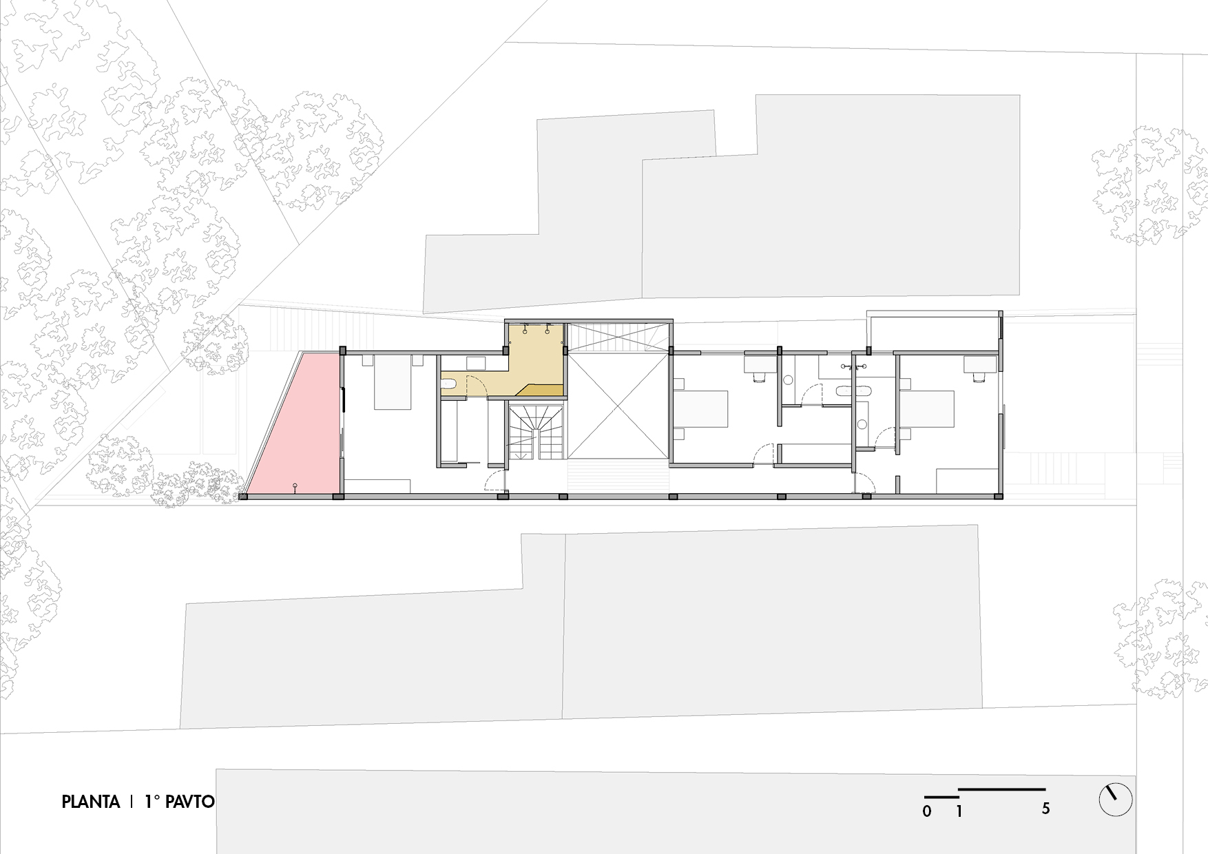 First floor plan drawing showing room layouts with a central staircase and color-coded zones