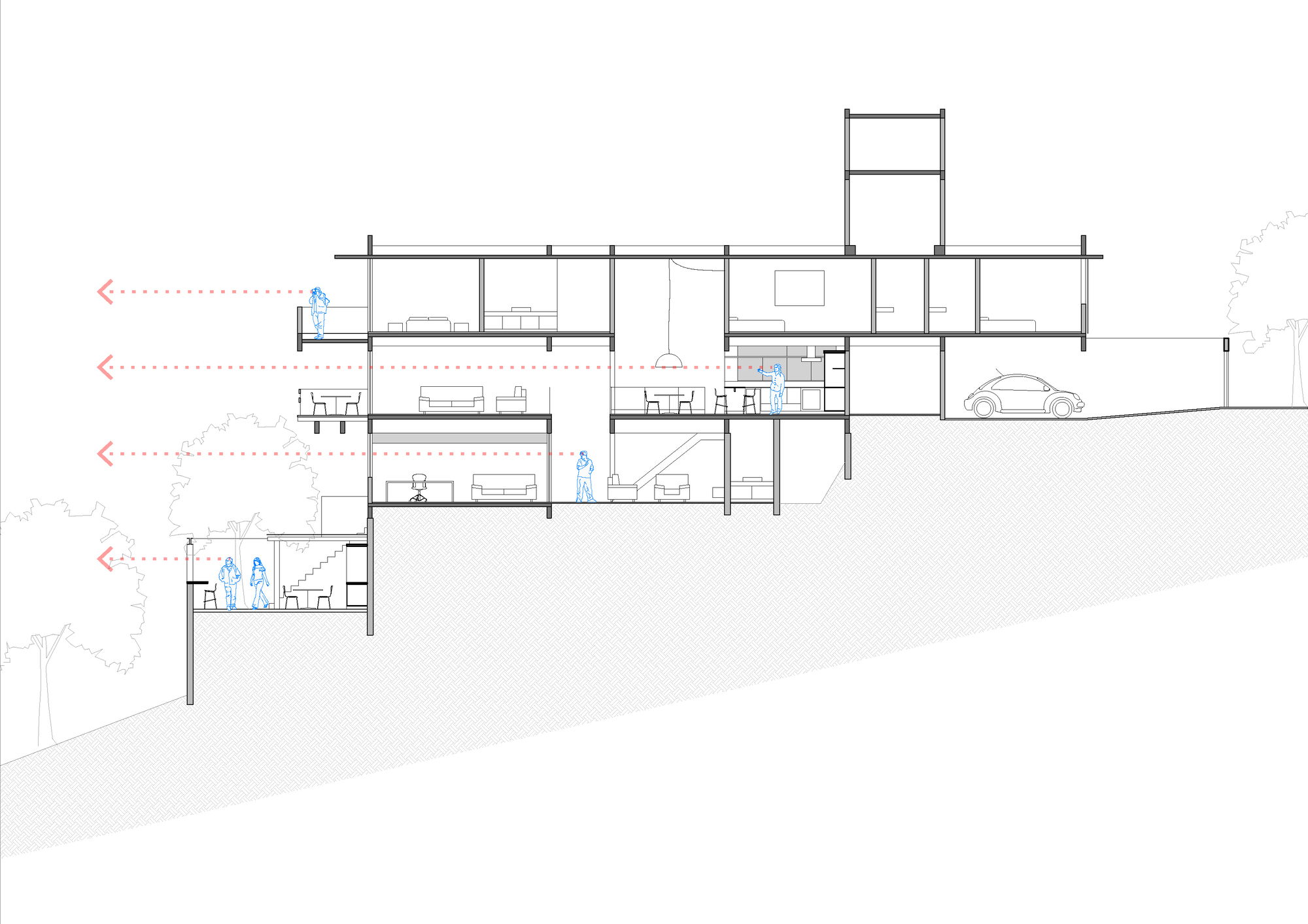 Section drawing showing multi-level interior spaces stepping down a sloped site with human figures