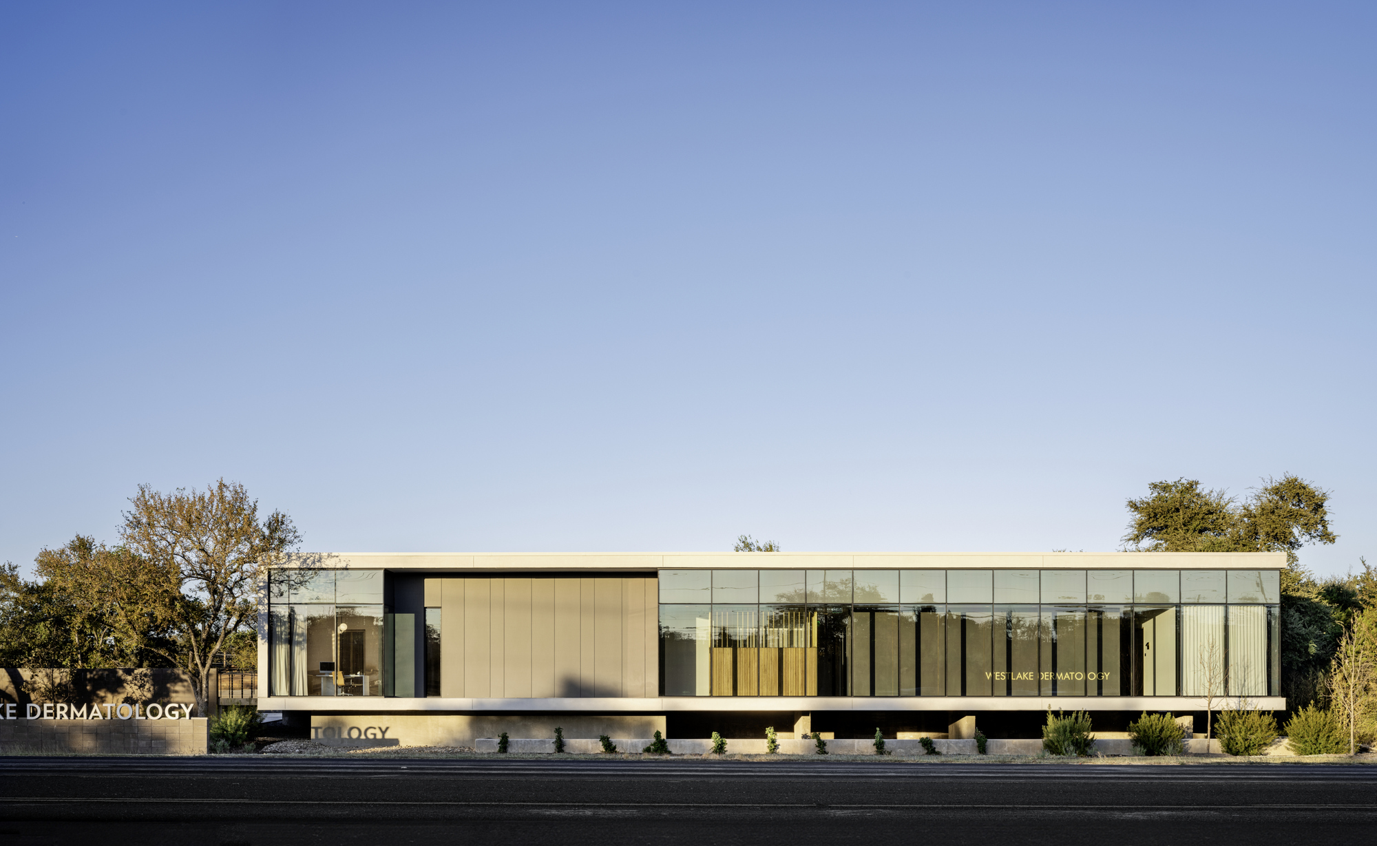 Elevated single-story volume with vertical metal cladding and glass curtain wall flanked by trees in afternoon light