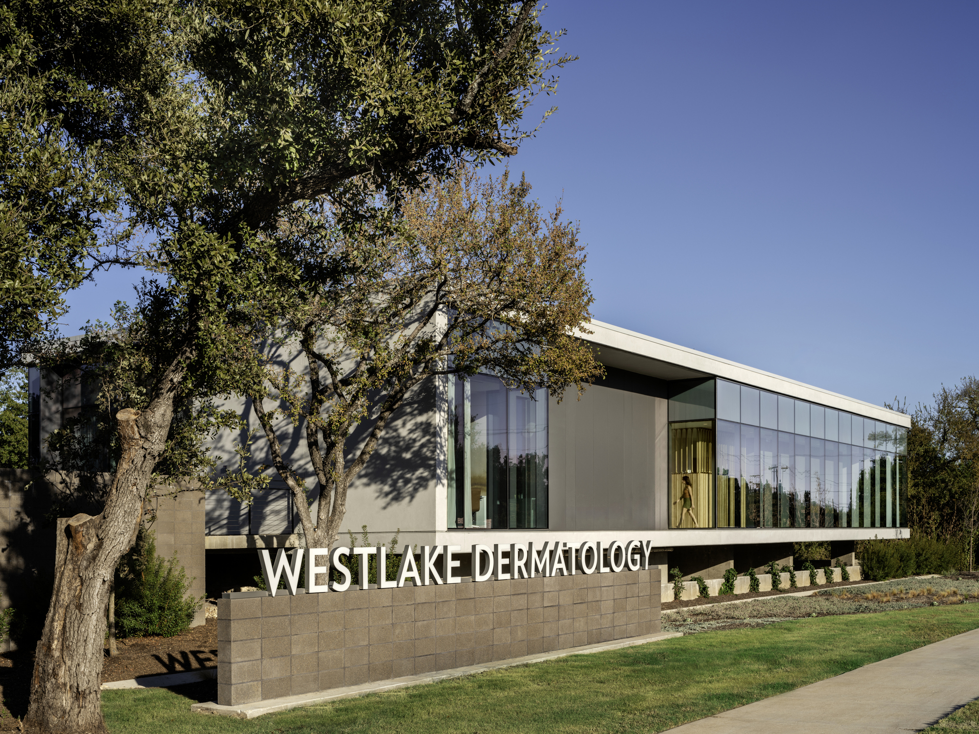 Entry facade with stone base wall and mature trees casting shadows across the white panels and glass