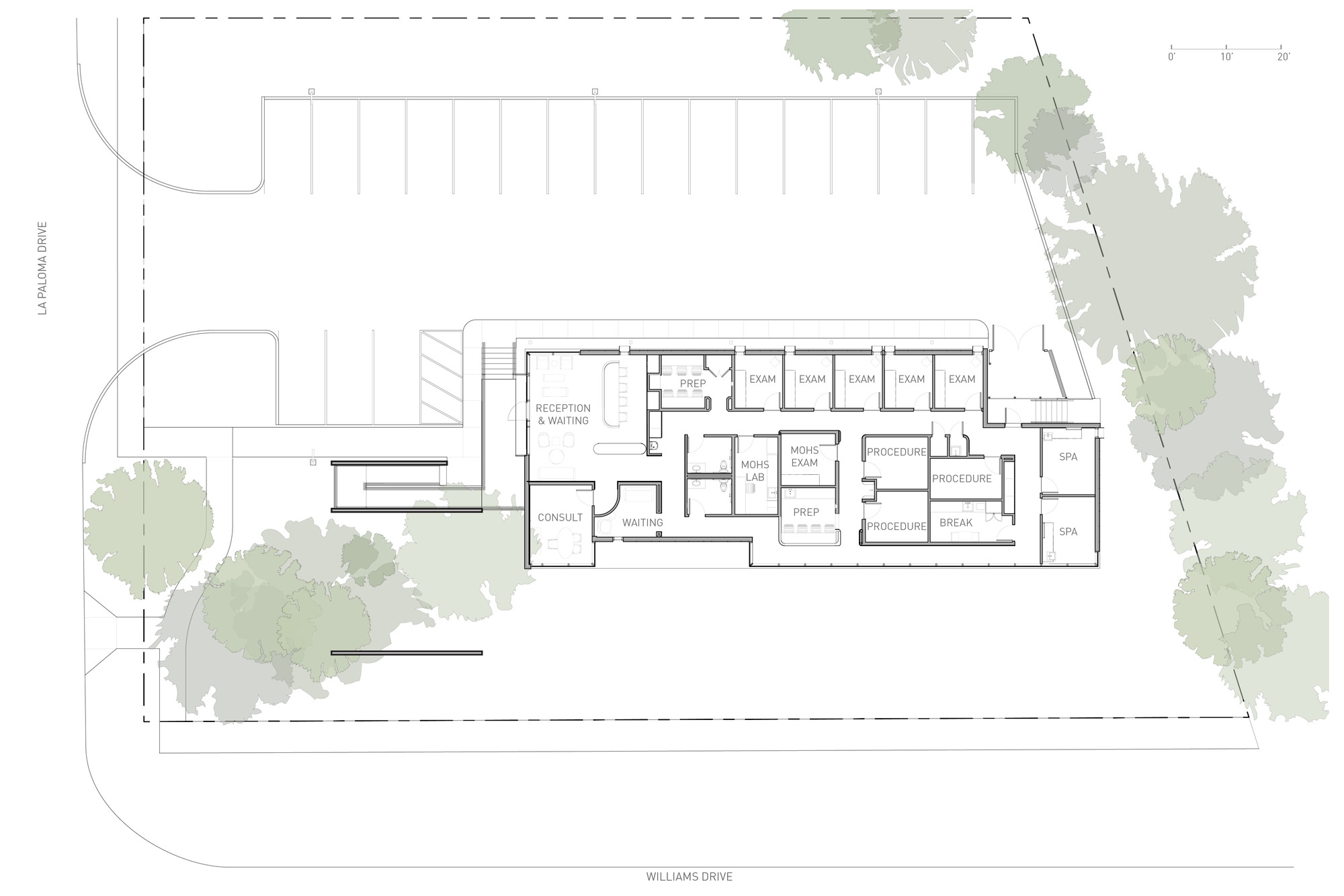 Site plan drawing showing rectangular floor layout with parking and surrounding trees