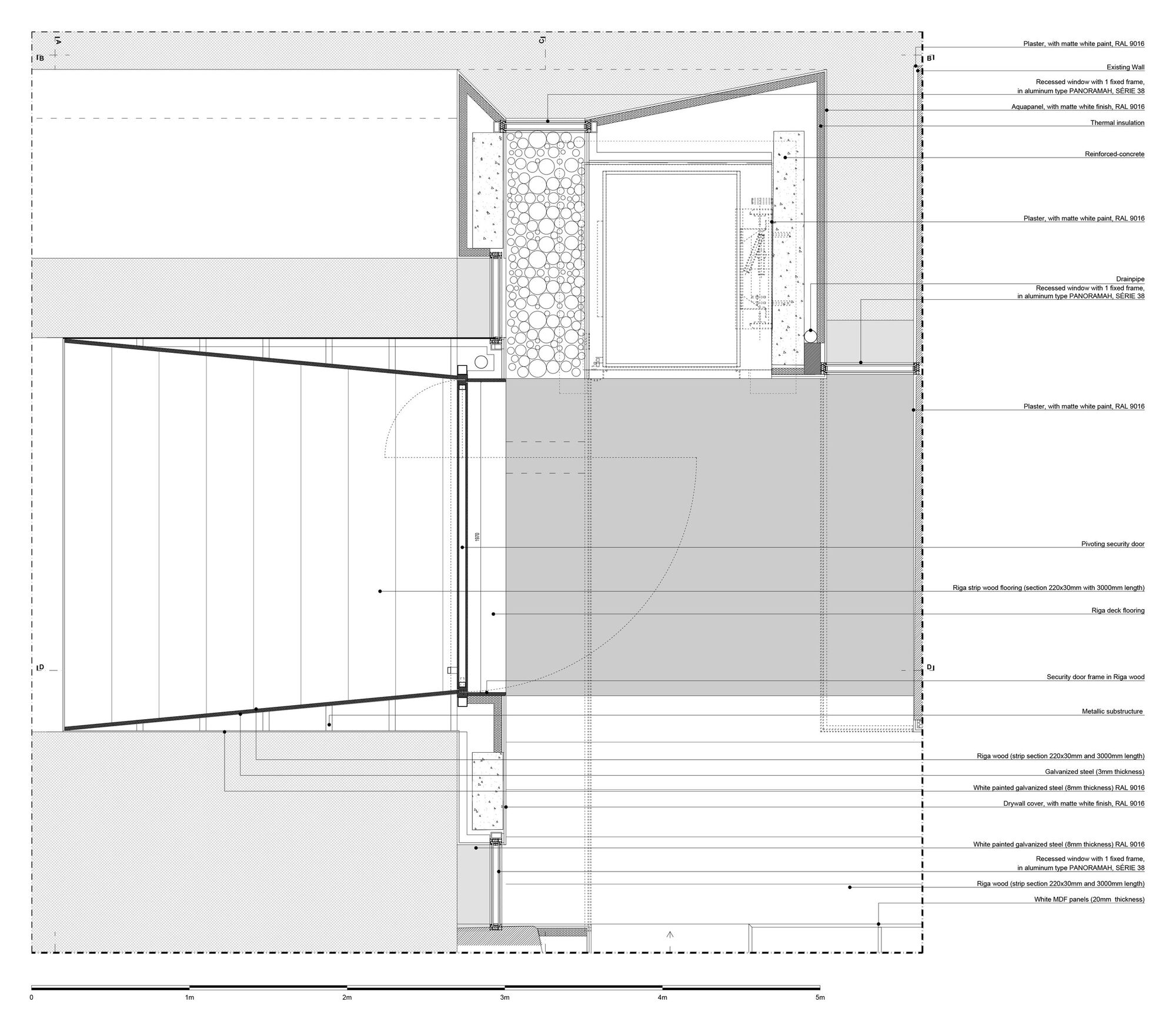Section detail drawing showing the connection between a sloped roof and a wall with stone infill