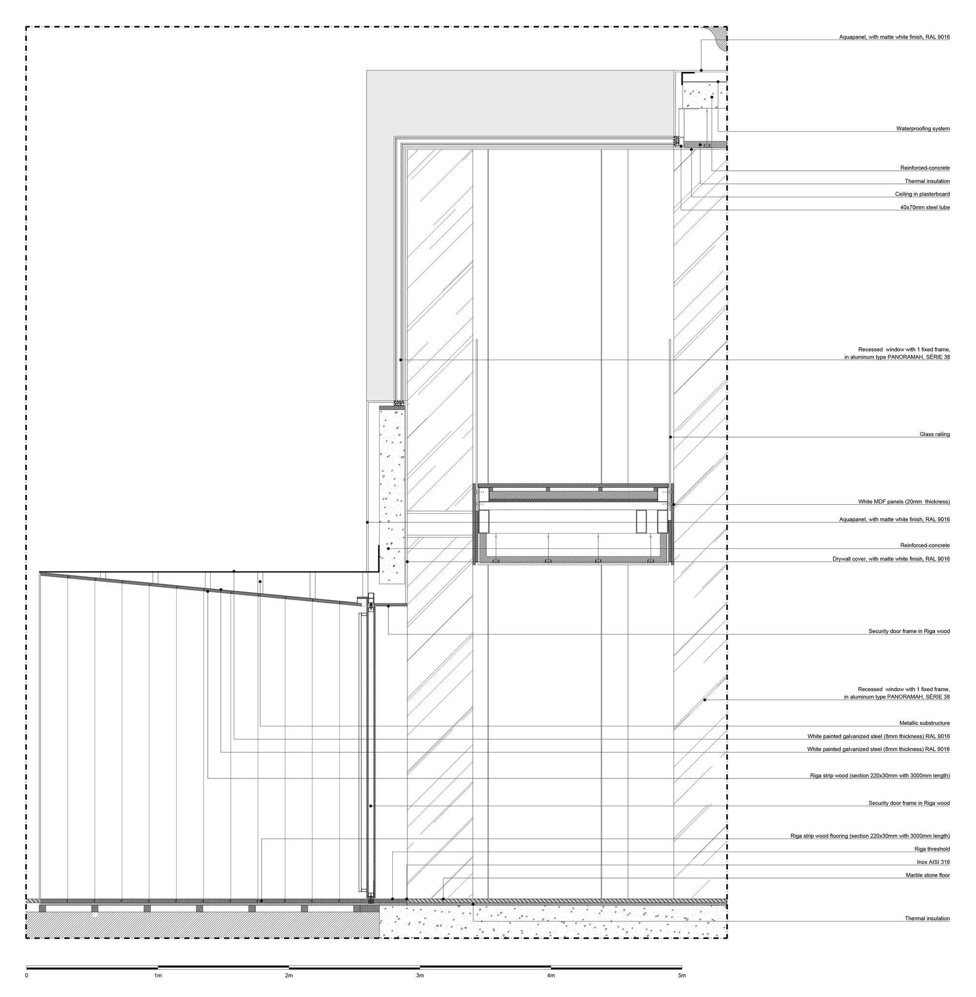 Section drawing showing the junction between an interior space and exterior deck with timber slat flooring