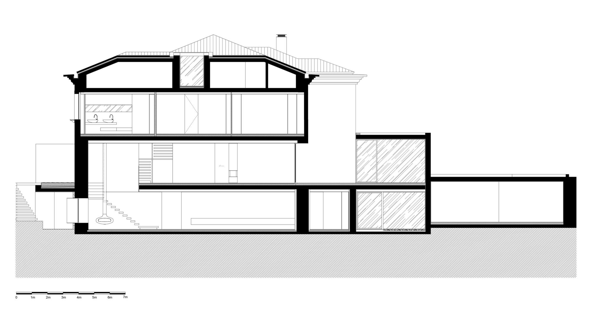 Section drawing revealing a multi-level house with vaulted roofs stepping down a sloped site