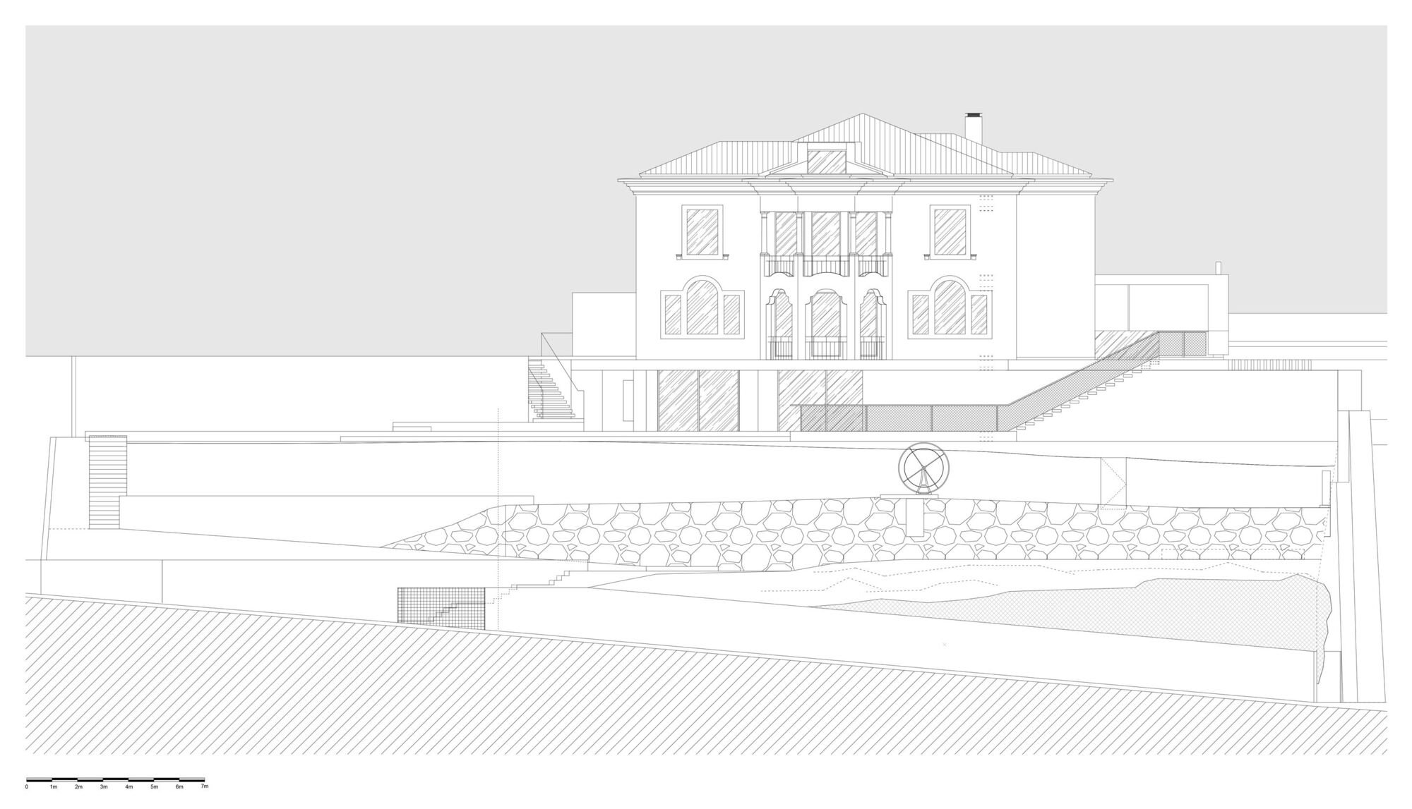 Elevation drawing showing a house above a terraced pool courtyard with hexagonal paving patterns