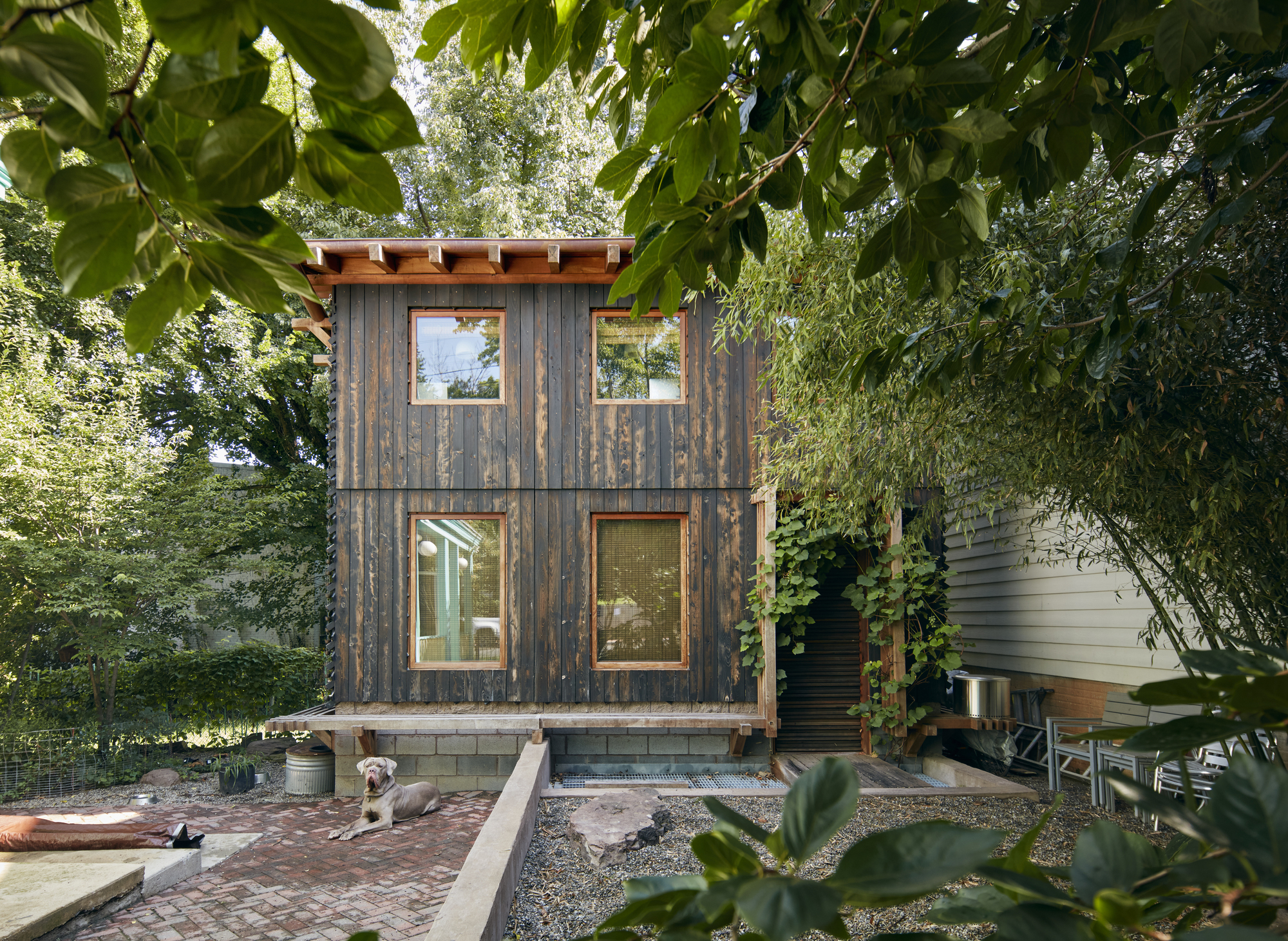 Front facade of vertical charred wood siding with four symmetrical windows framed by garden foliage