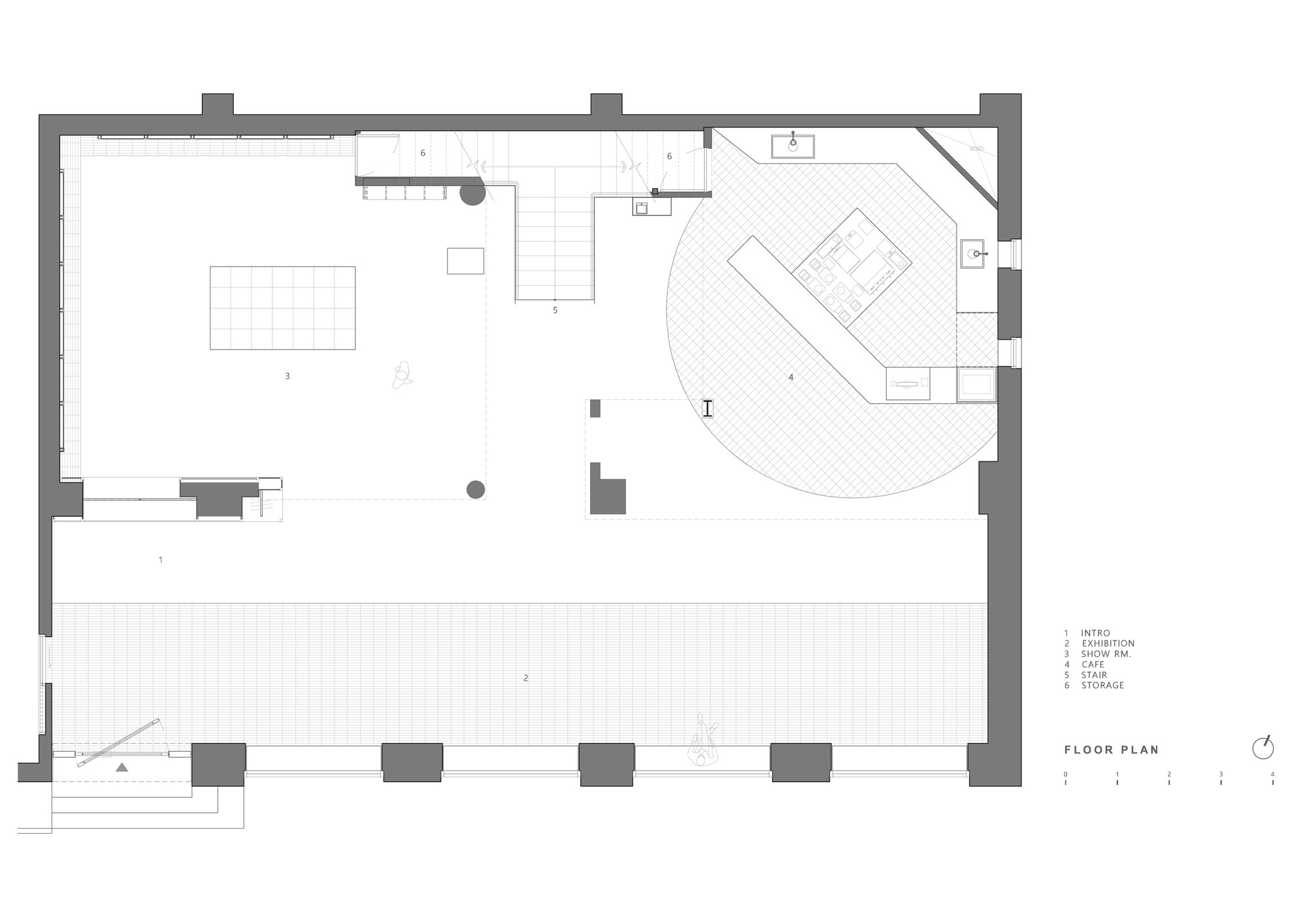 Floor plan drawing showing an exhibition area with circular counter and gridded outdoor terrace