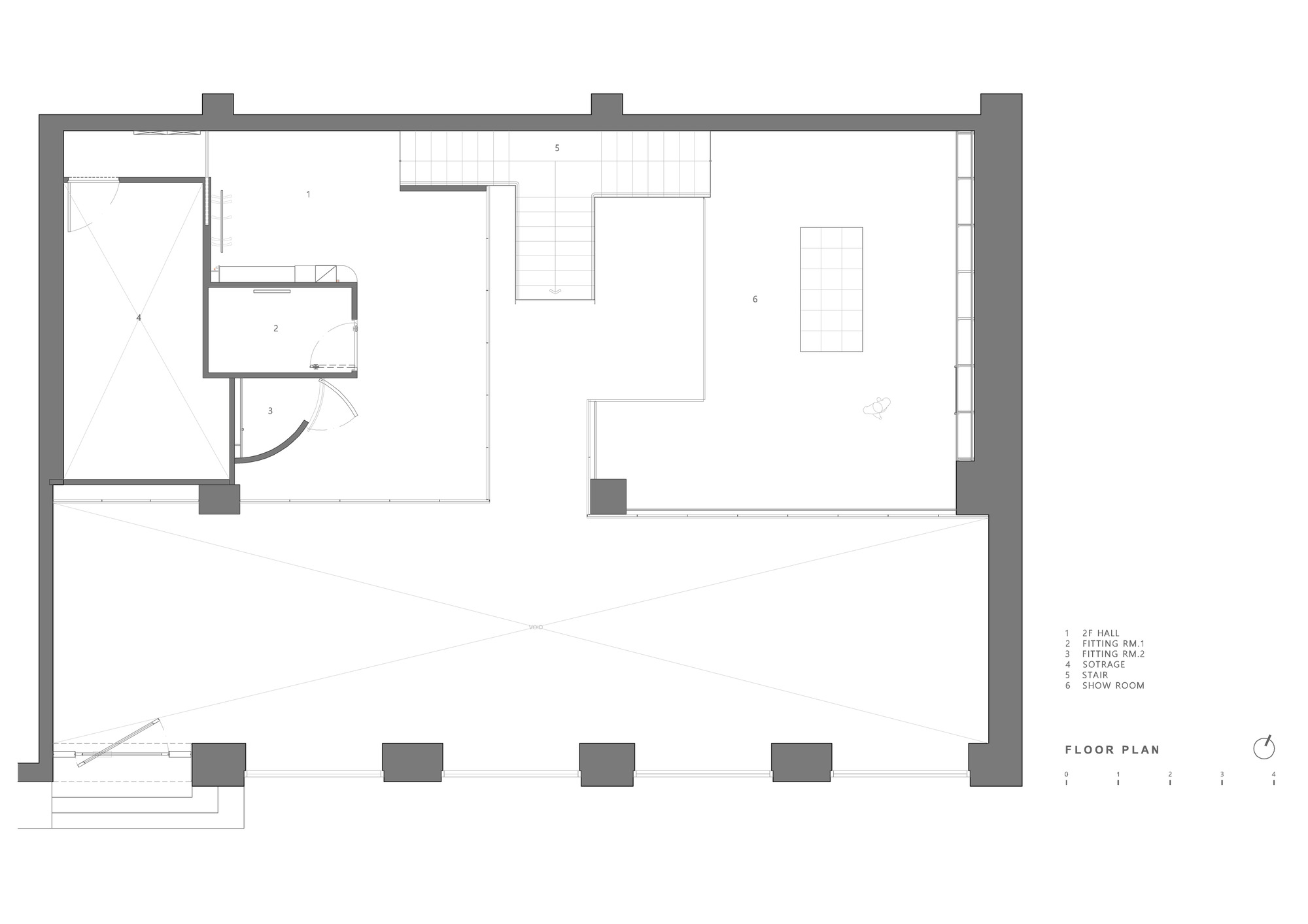 Floor plan drawing showing upper level with bathroom alcove and open workspace with terrace below
