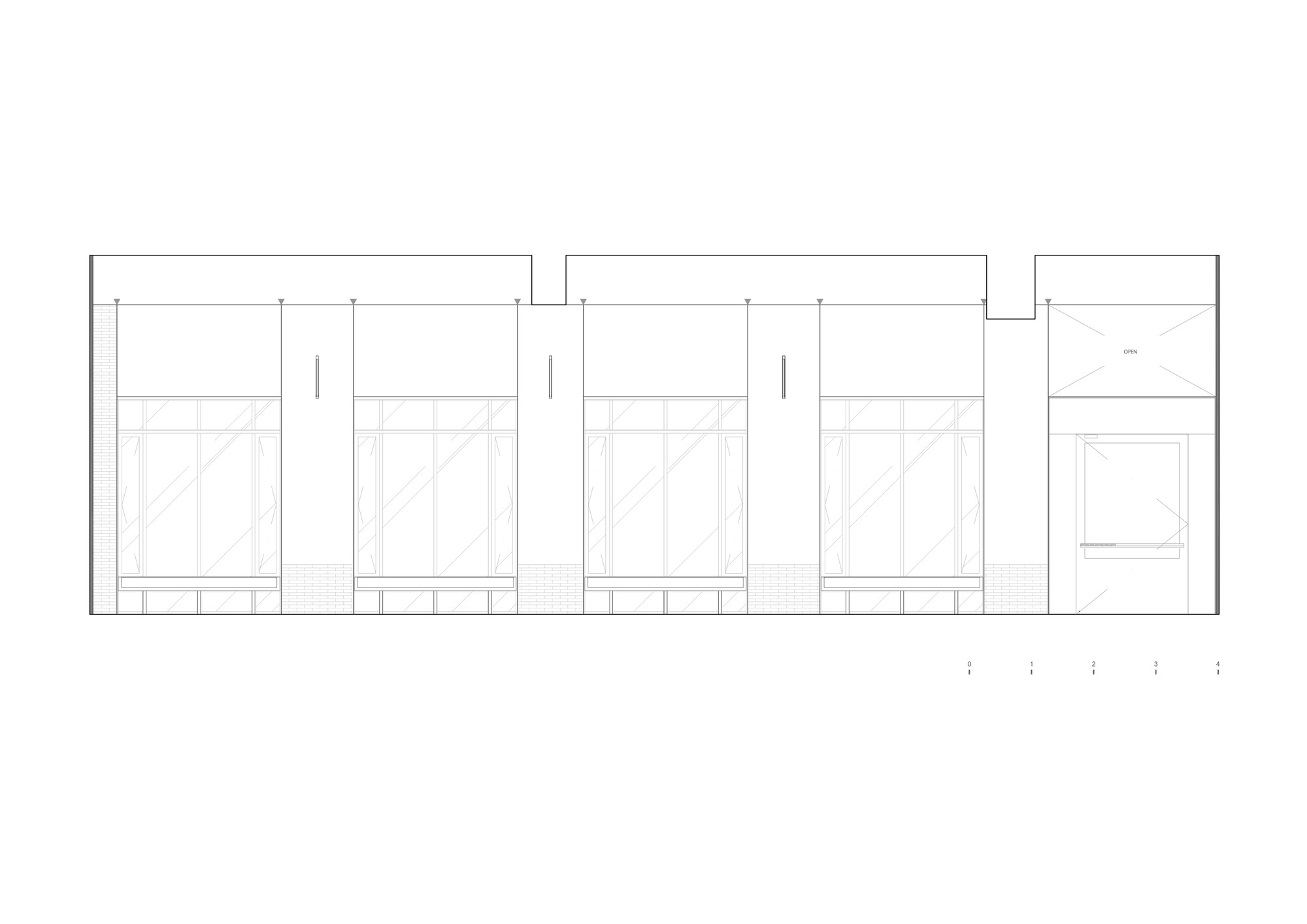 Elevation drawing showing a series of four identical storefronts with transom windows above