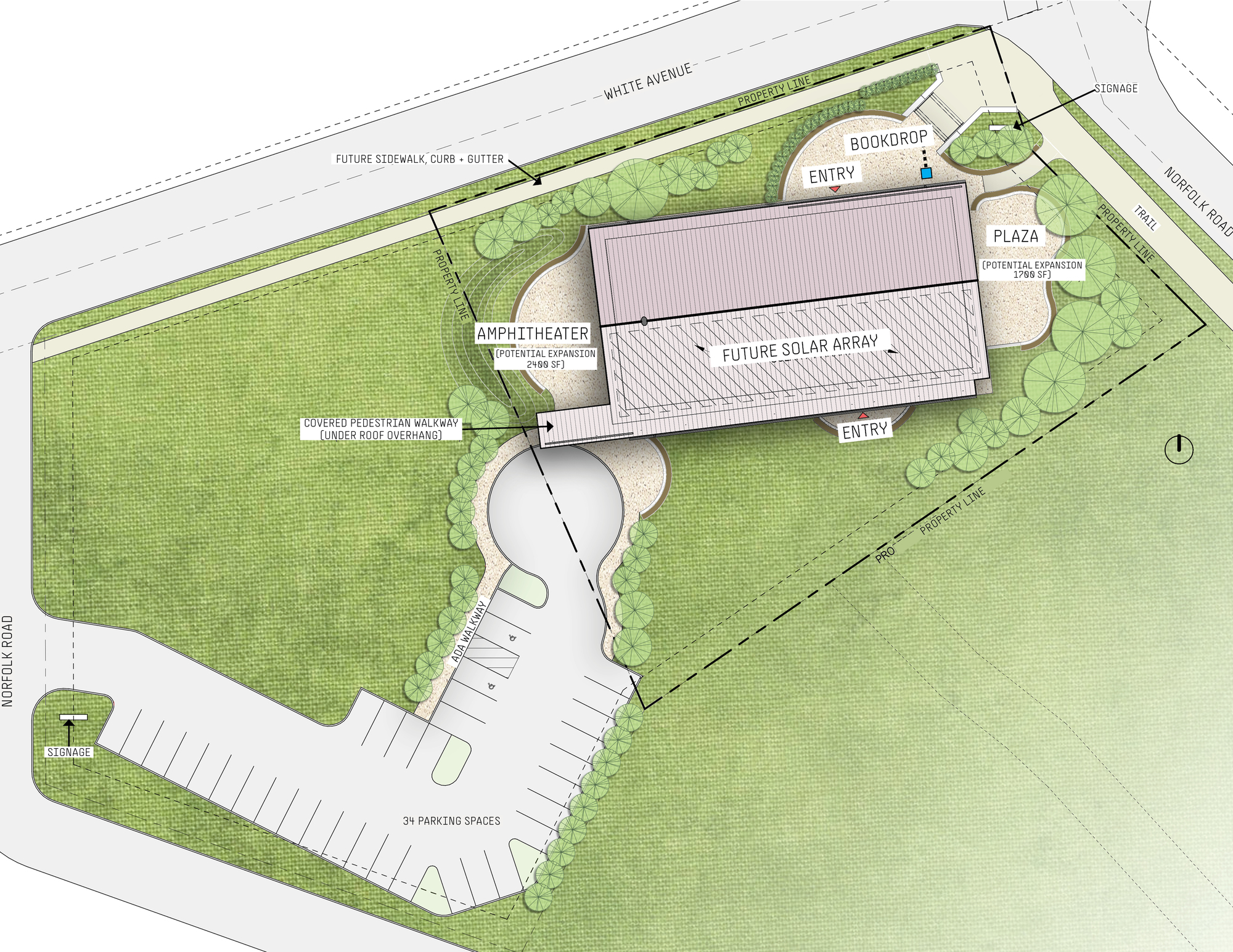 Site plan drawing showing an amphitheater building surrounded by green lawn and parking areas