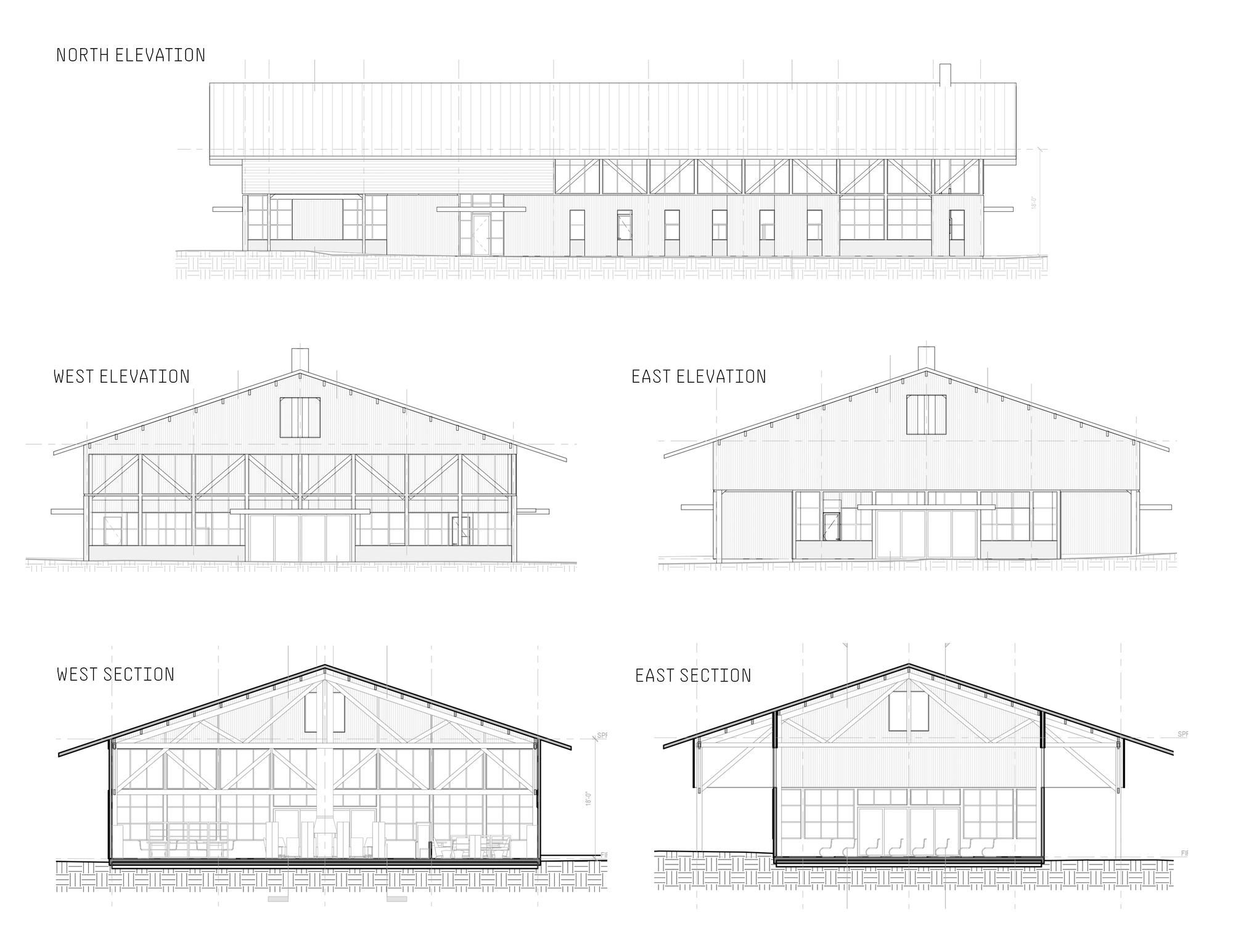 Elevation and section drawings showing the gabled roof structure with exposed trusses and clerestory windows