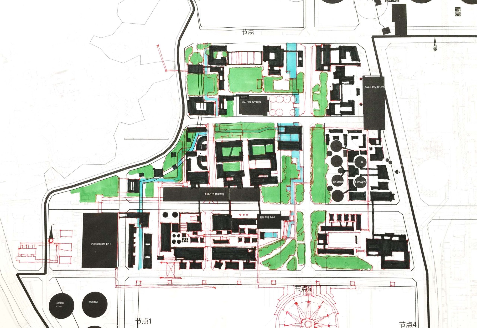 Site plan drawing indicating building footprints, green spaces, and circulation paths across the development