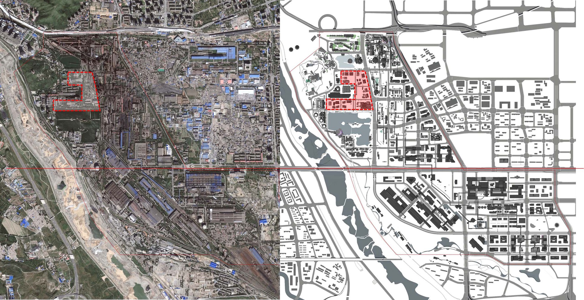 Comparison diagram of aerial satellite photograph alongside corresponding figure-ground site plan