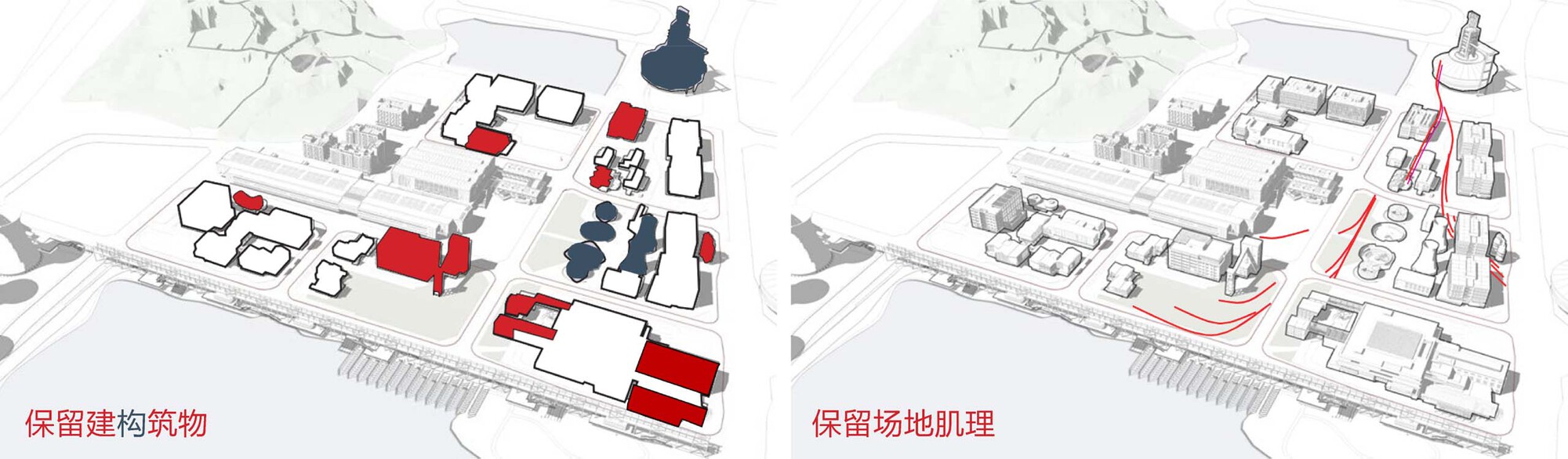 Two axonometric diagrams highlighting preserved structures in red and site topography in pink