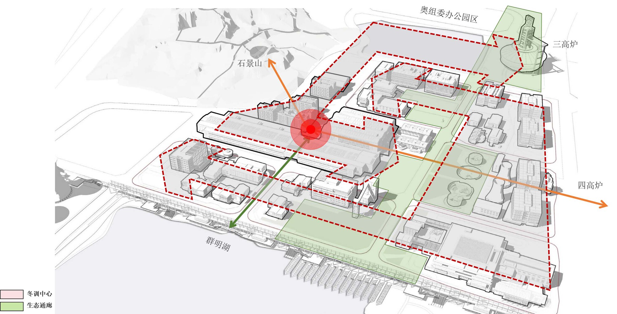 Axonometric site diagram showing circulation paths and green space zones with labeled connections