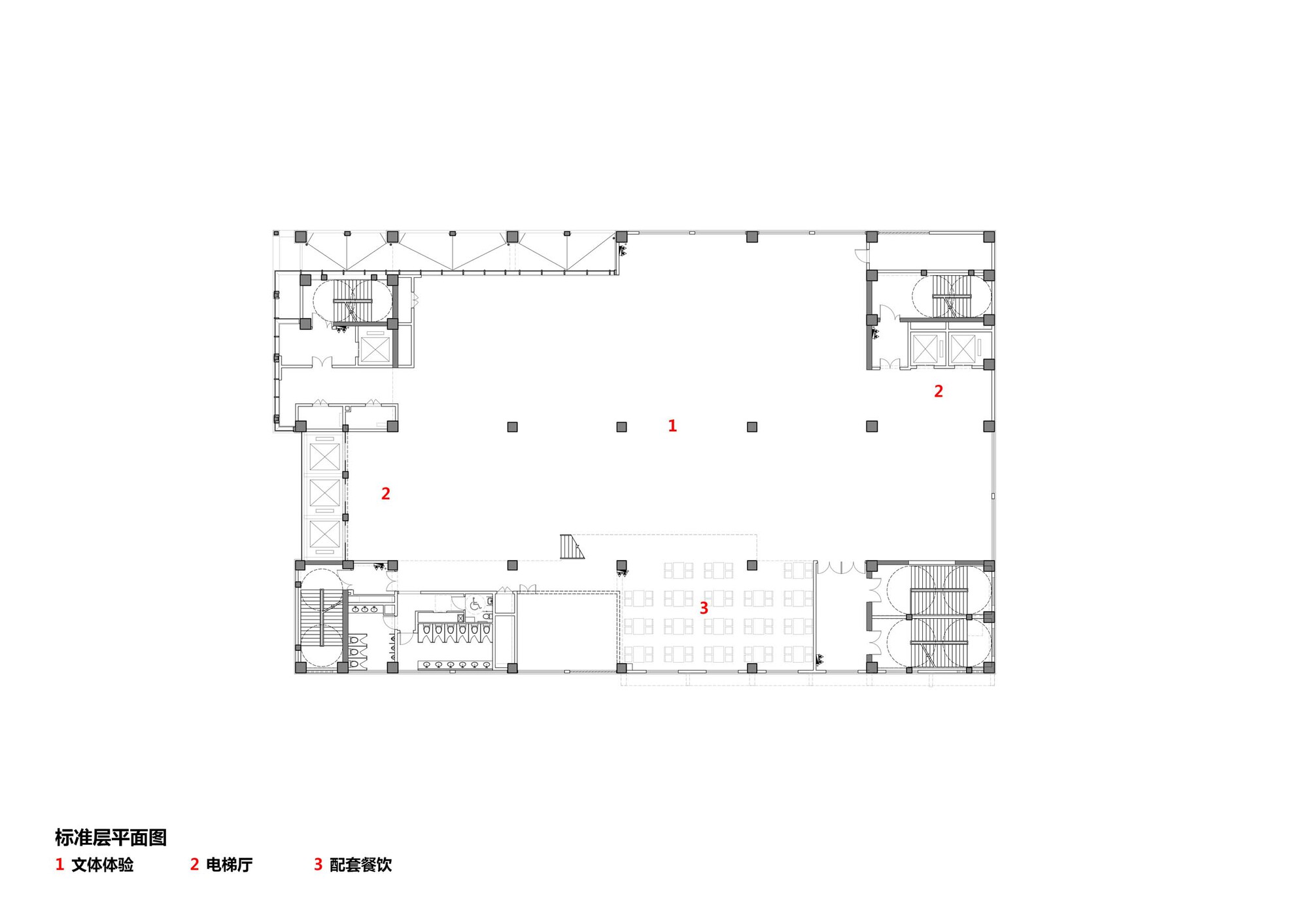 Typical floor plan drawing showing an open rectangular space with corner service cores and central seating area