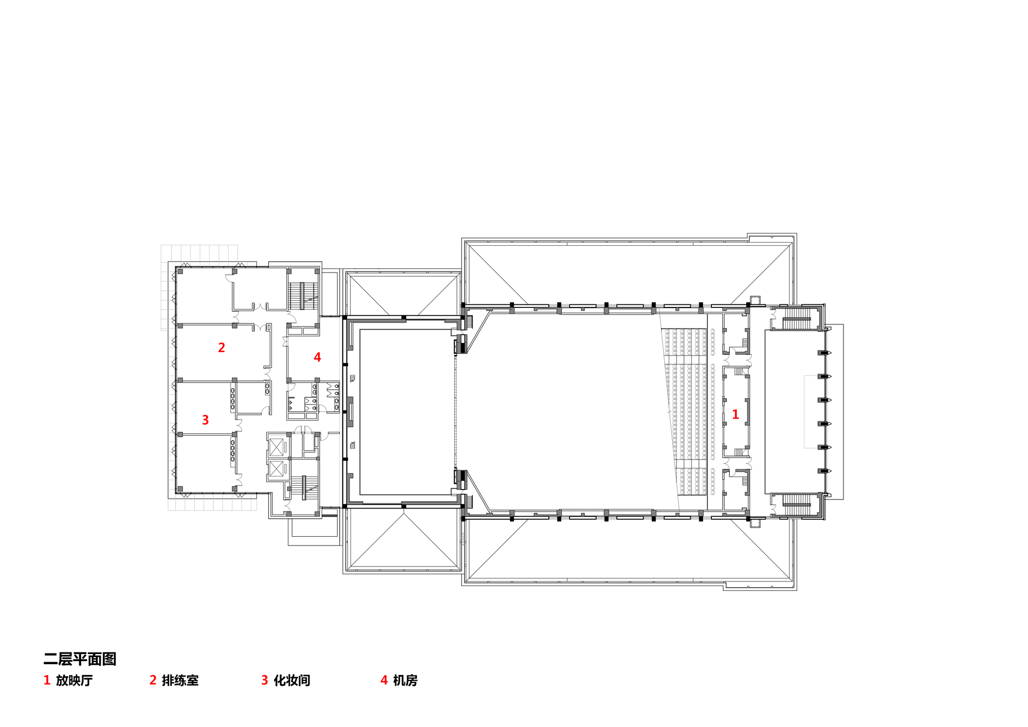 Second floor plan drawing showing a large open volume over the central hall with service spaces to the side