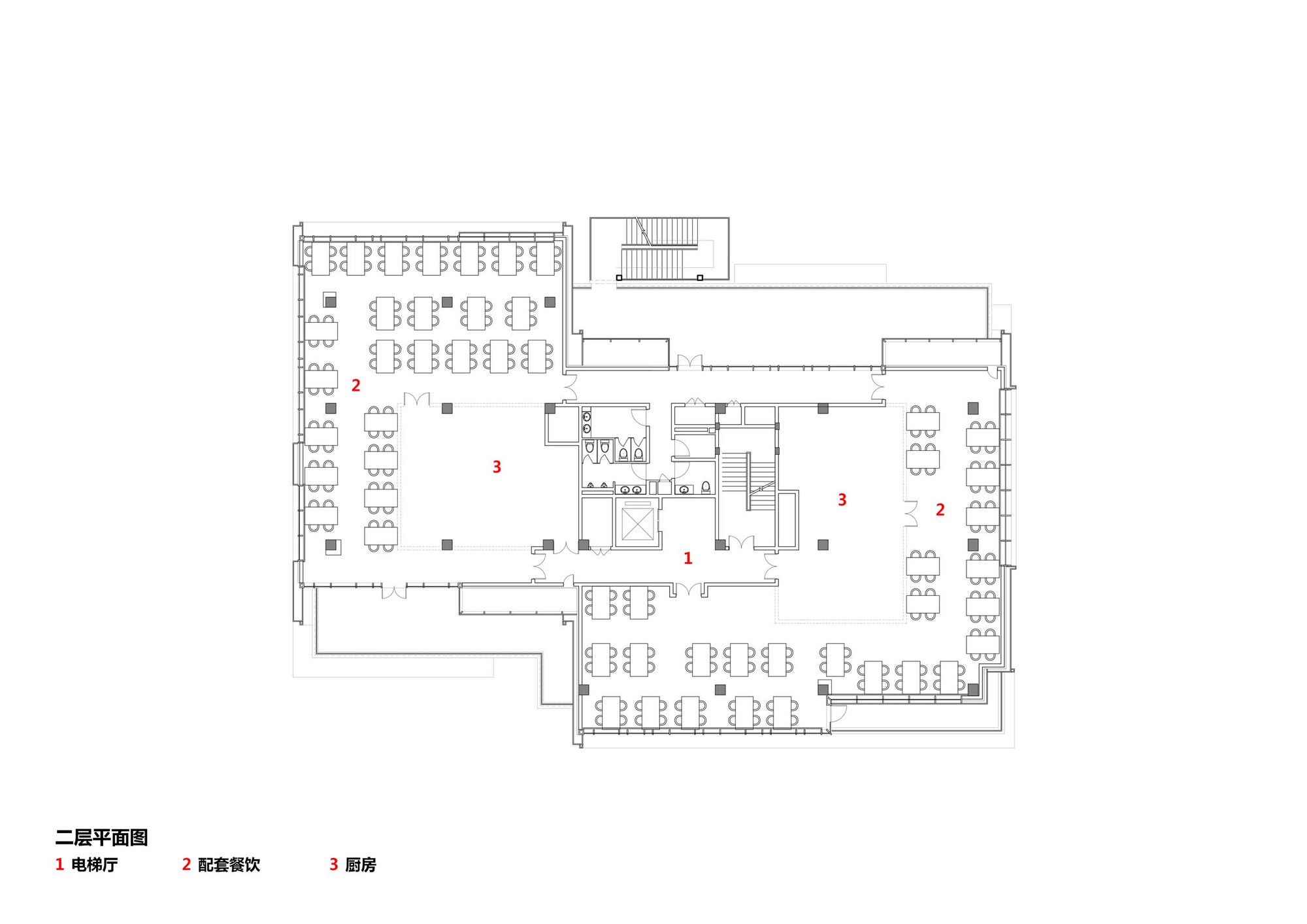 Third floor plan drawing showing dining spaces with seating arrangements around a central core