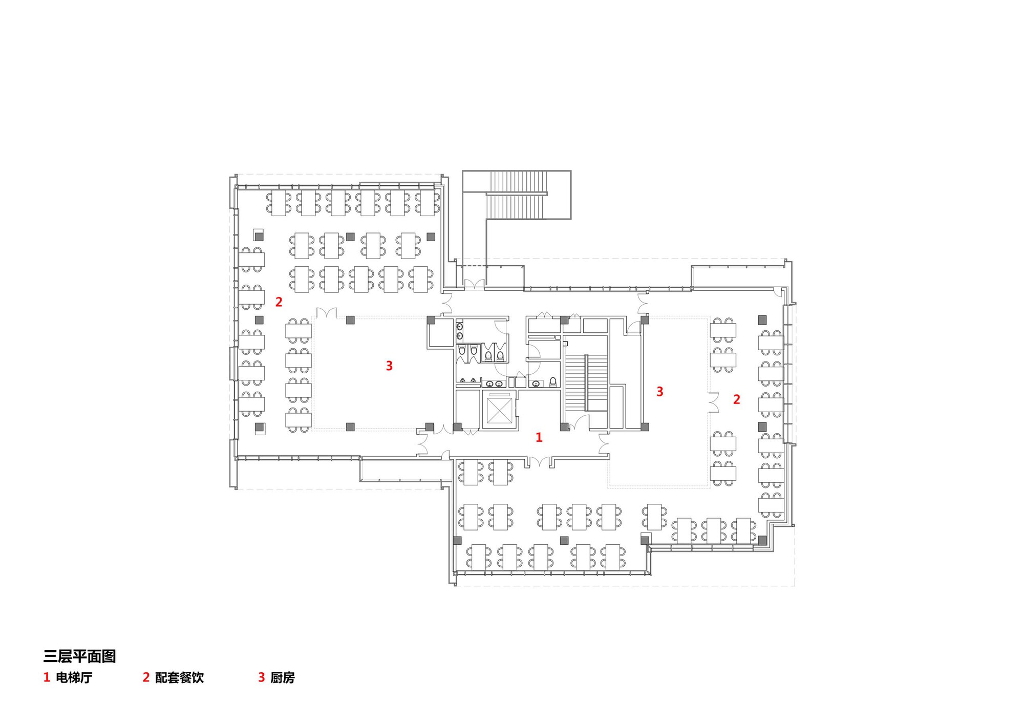 Alternative third floor plan drawing showing similar dining spaces with seating around a central circulation core
