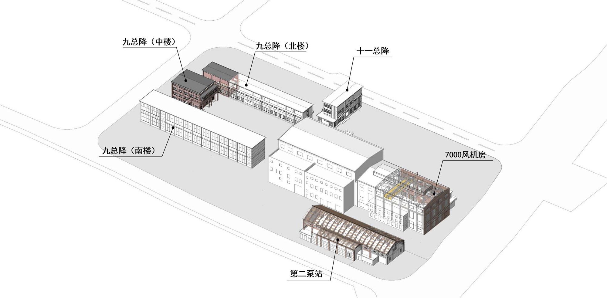 Exploded axonometric drawing showing individual building volumes separated with labels in the context
