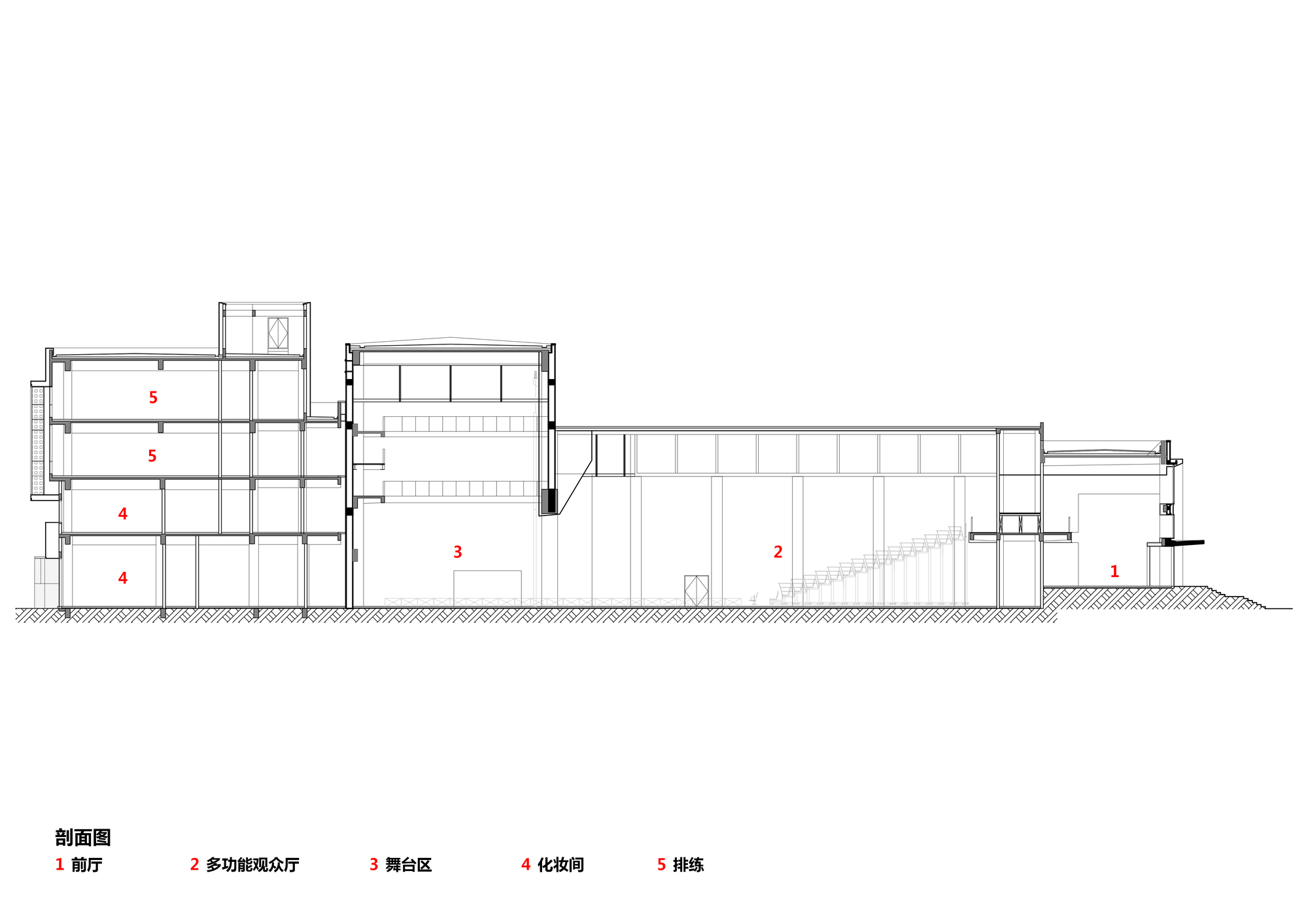 Section drawing showing a multistory volume connected to a long single-story hall with exposed trusses