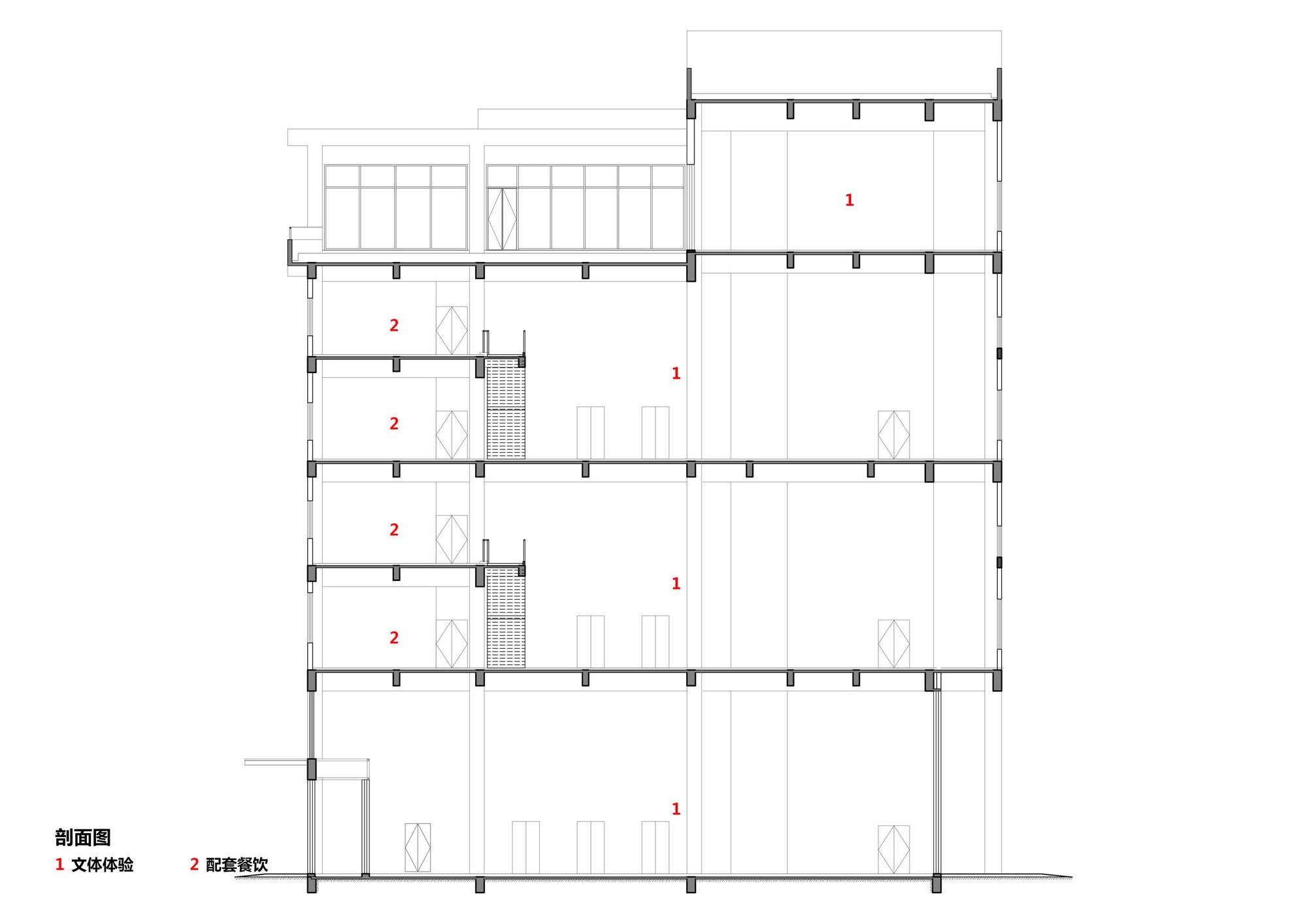Section drawing revealing a five-story block with a central atrium and adjacent stairwell