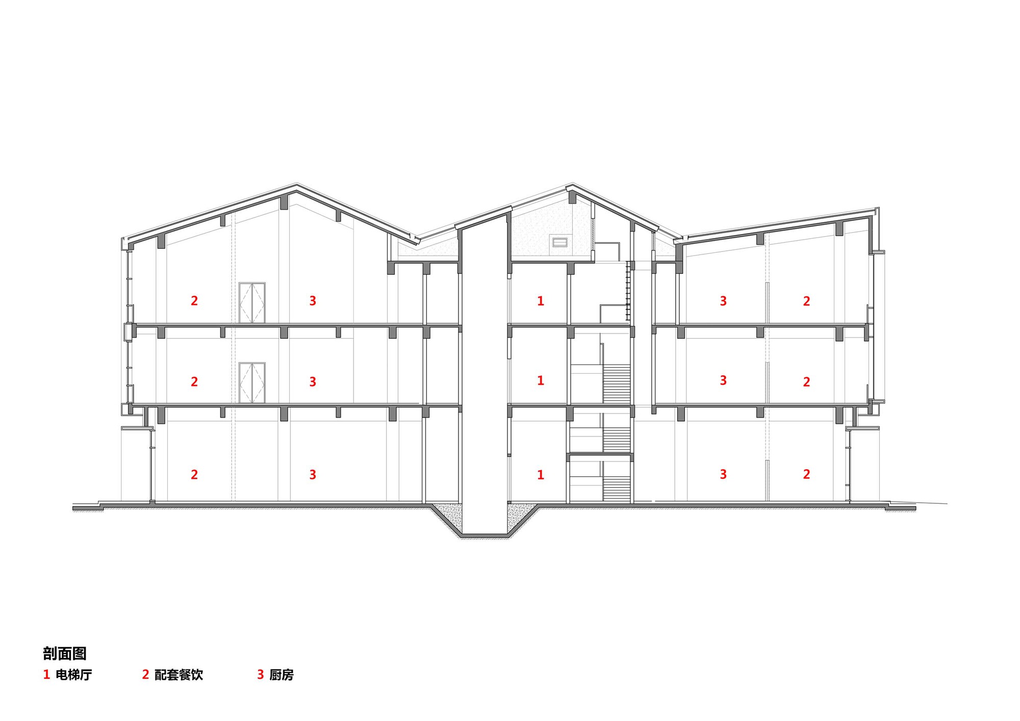 Section drawing showing paired gabled volumes flanking a central circulation core with stairs