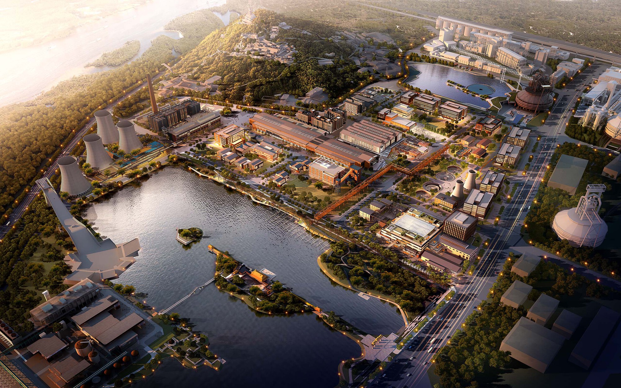 Aerial rendering of a waterfront campus with industrial towers and low buildings at dusk
