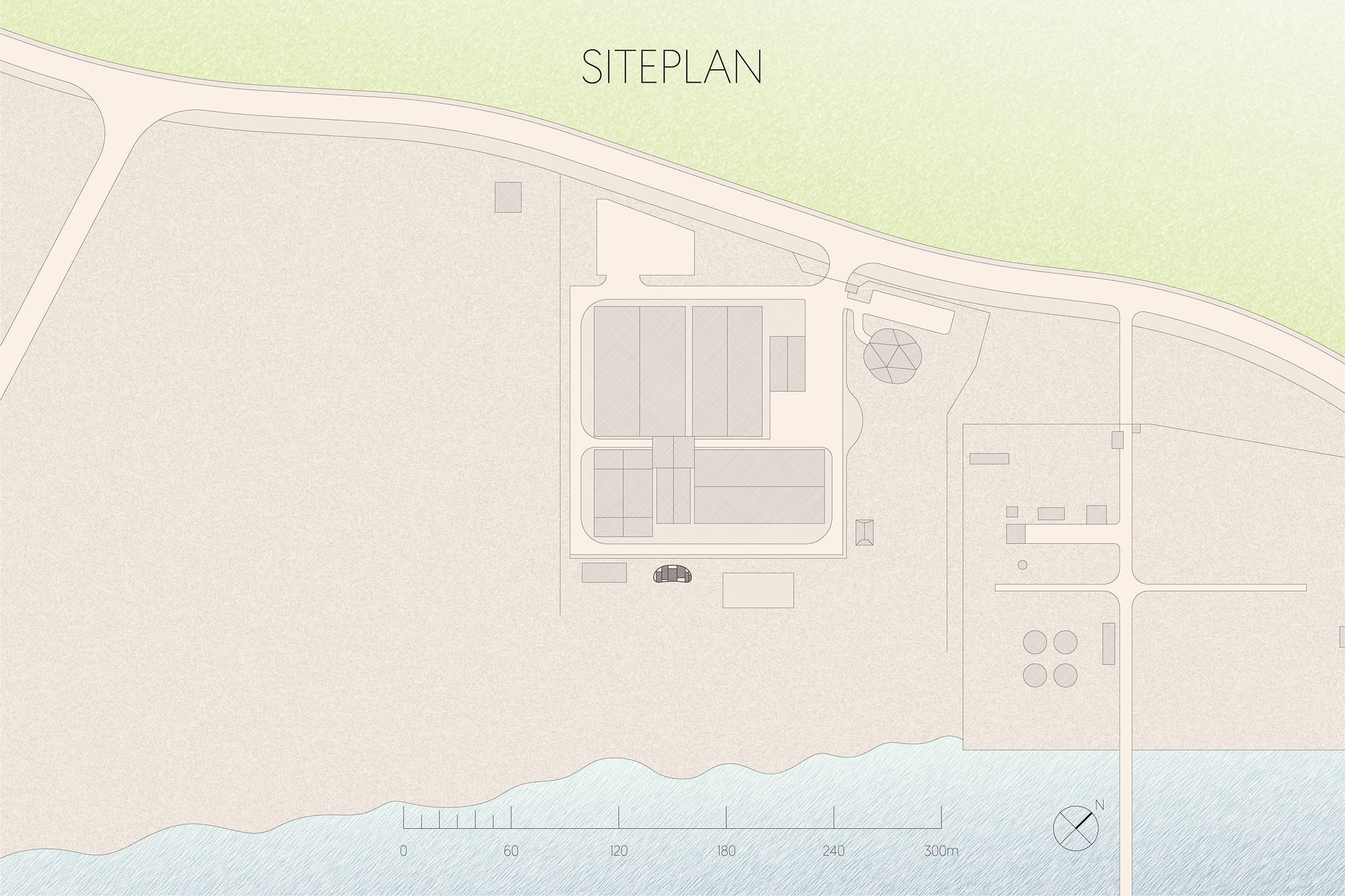 Site plan drawing showing building footprints arranged along a waterfront with surrounding roads and landscape