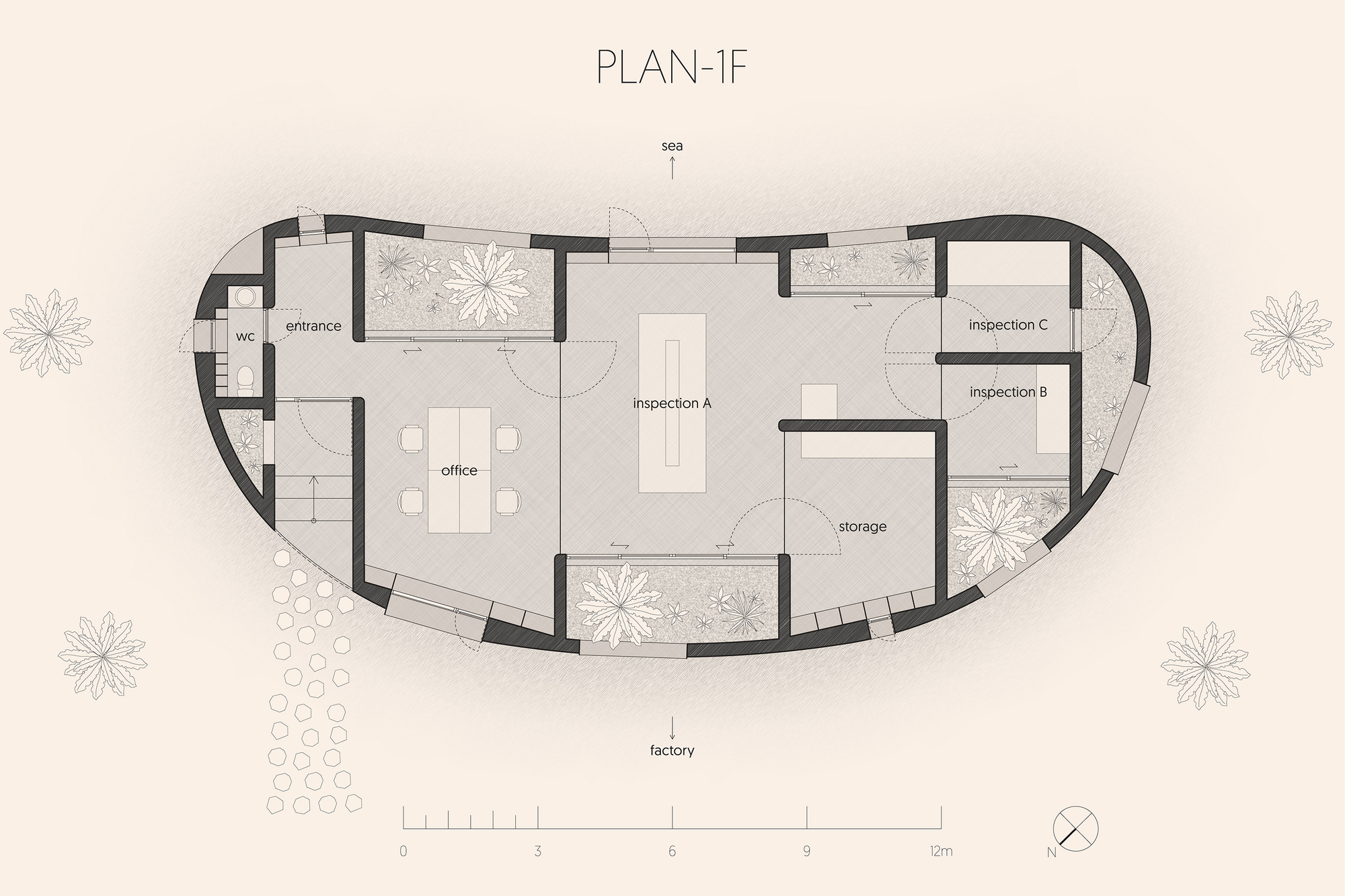 Floor plan drawing of a curved building with entrance, office, inspection rooms and storage spaces