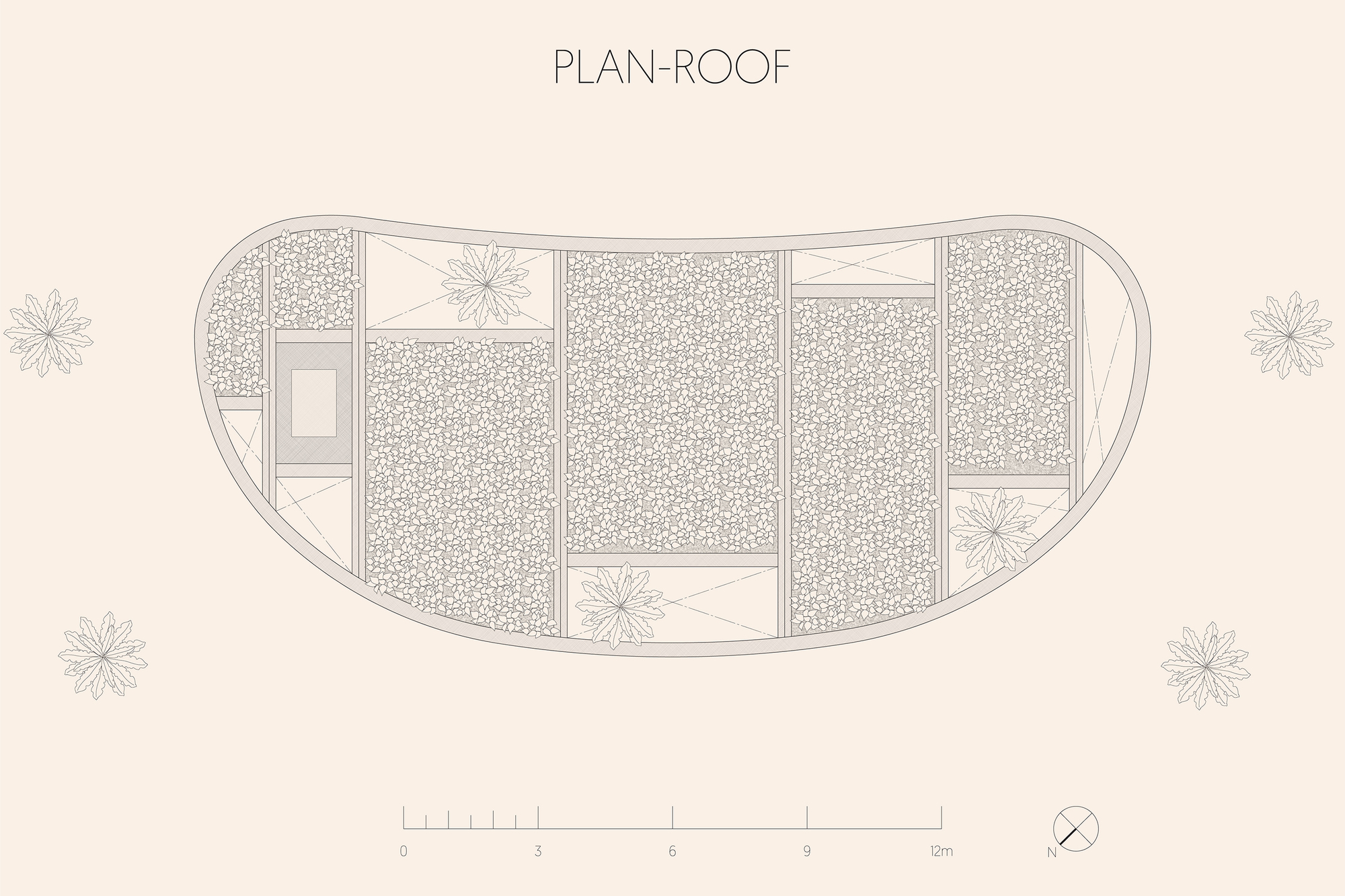 Roof plan drawing showing curved perimeter with planted sections and structural grid pattern