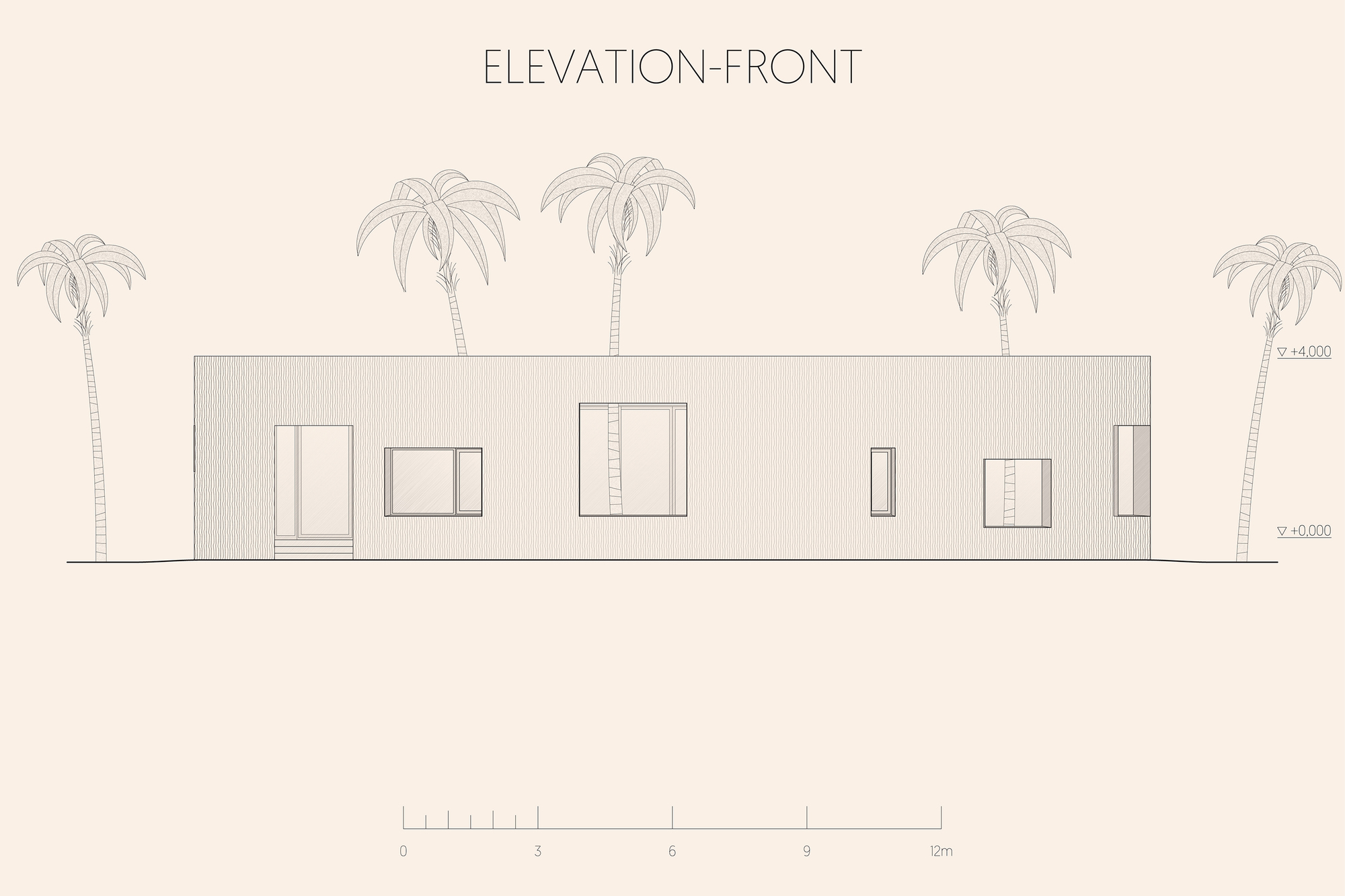 Front elevation drawing depicting horizontal facade with window openings and palm trees flanking each side