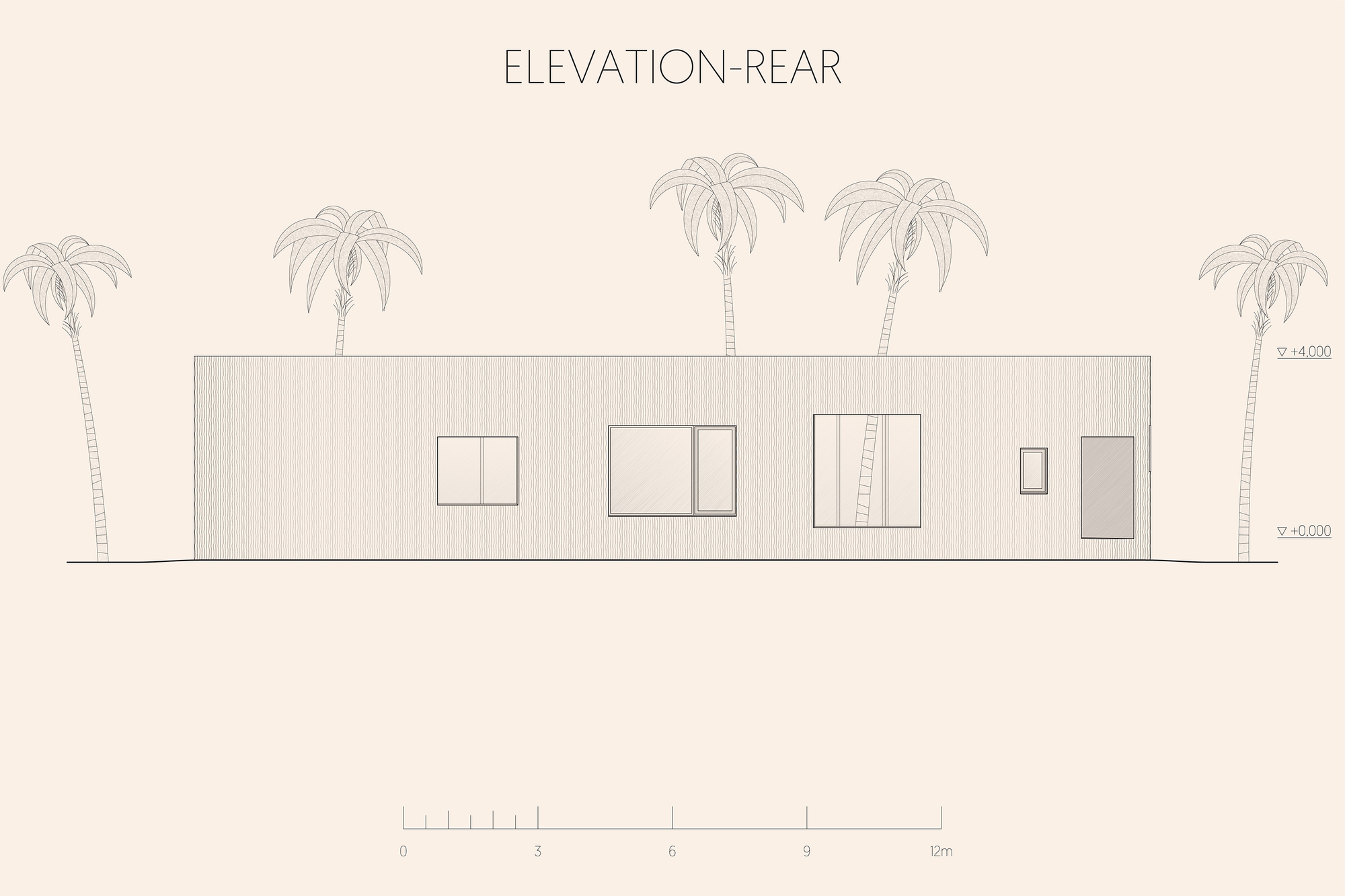 Rear elevation drawing showing facade with varied window sizes and palm trees in the landscape