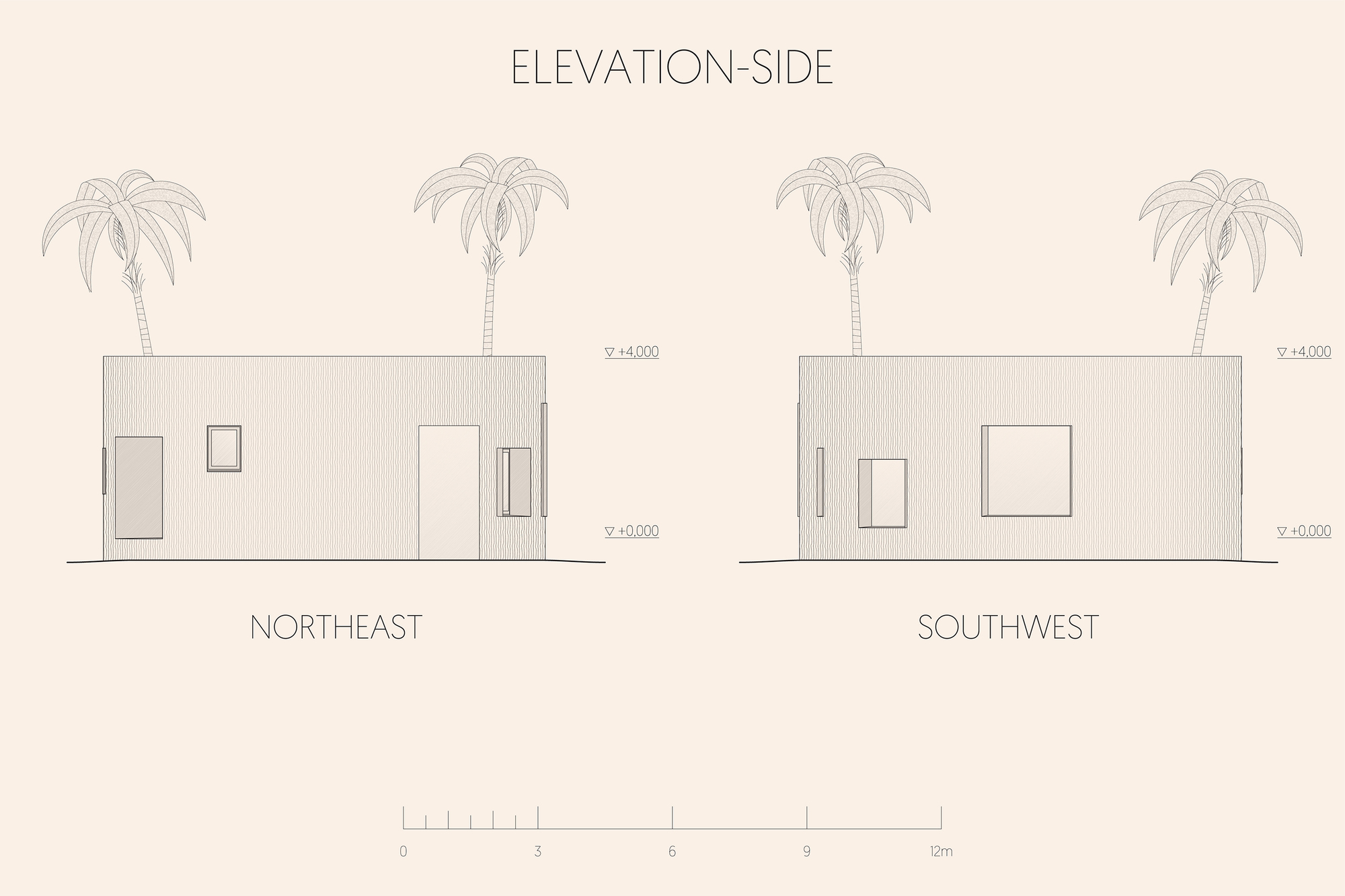 Side elevation drawing showing northeast and southwest facades with palm trees and window arrangements