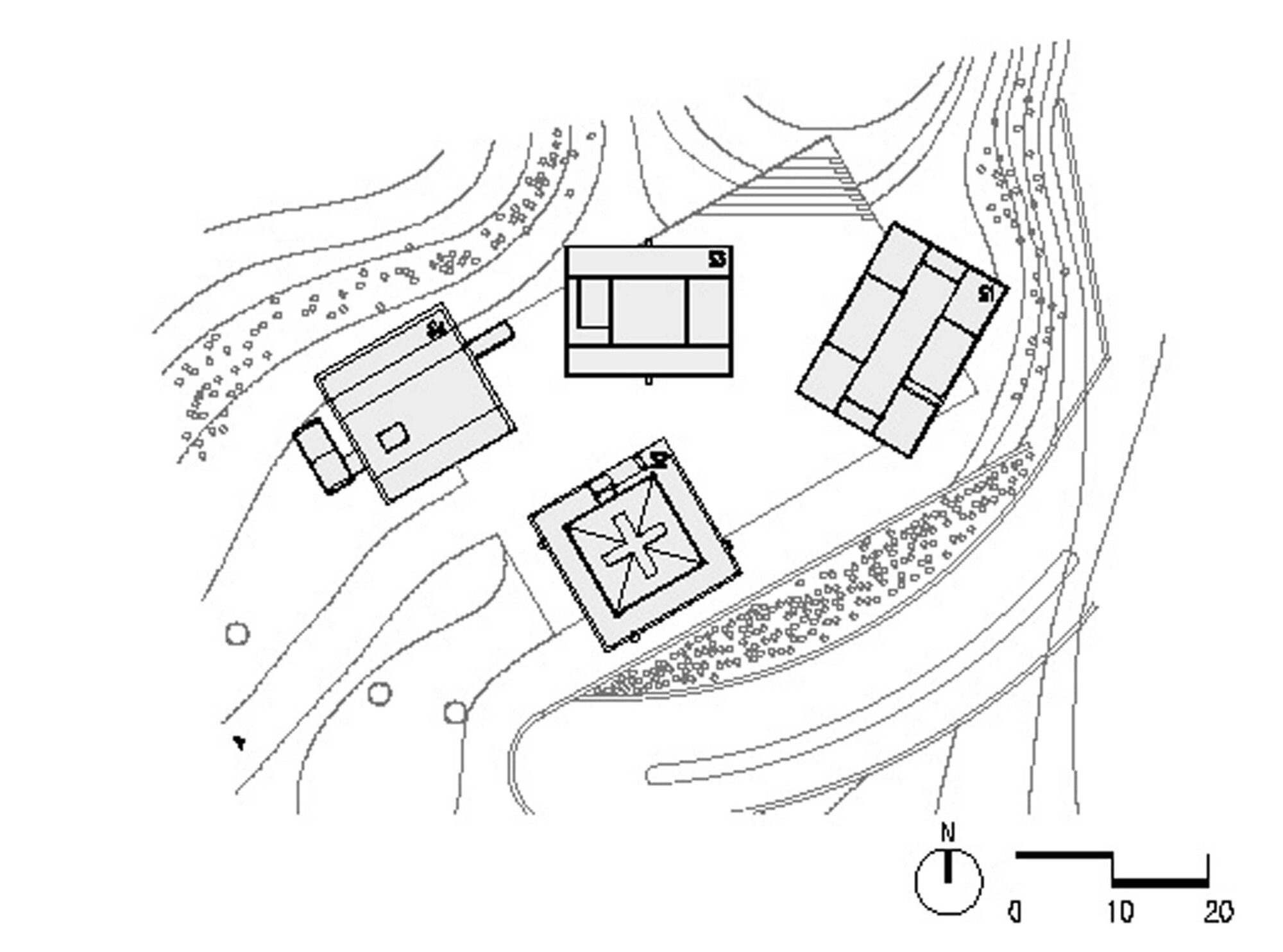 Site plan drawing showing four structures arranged around curving topography and planted areas