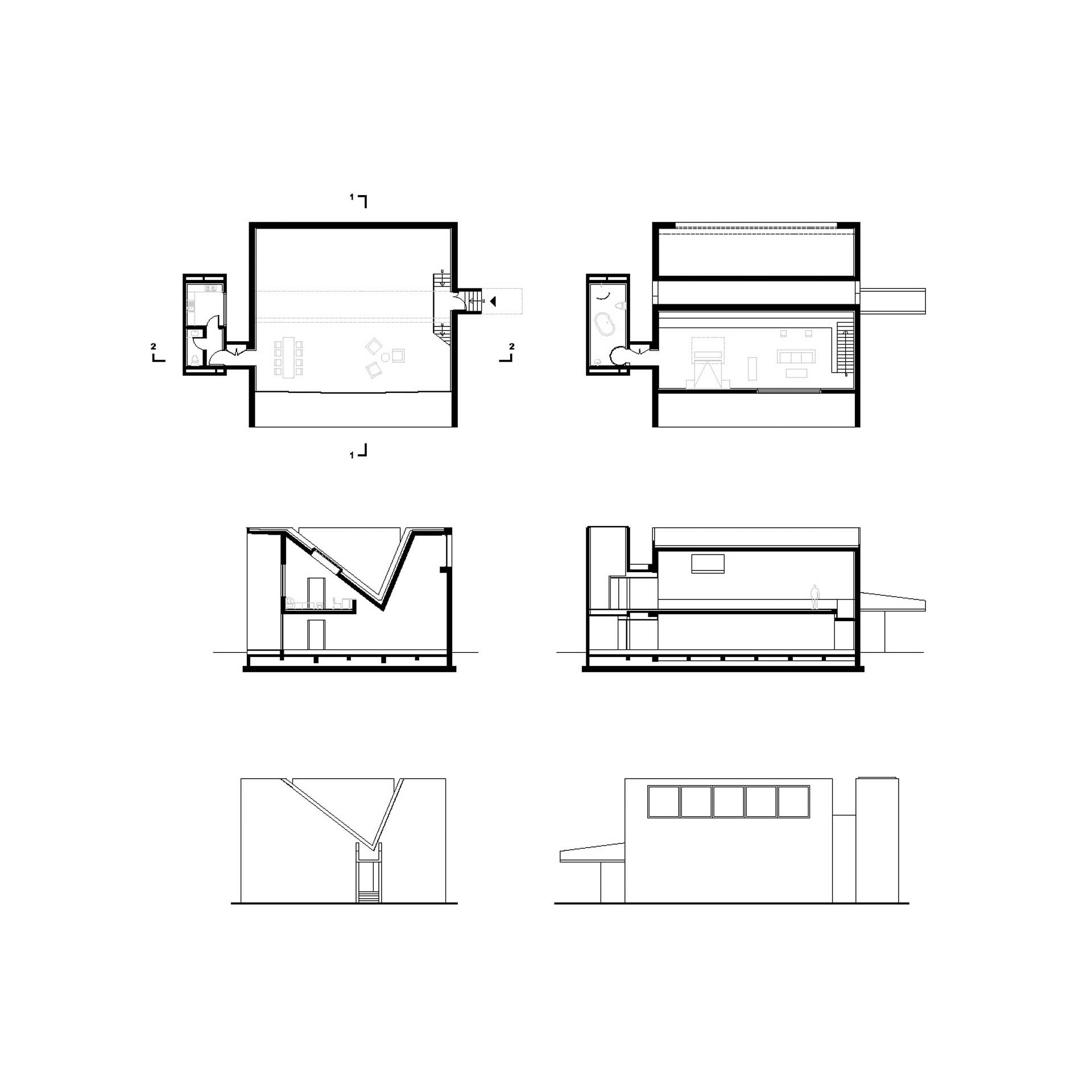 Architectural drawings including floor plans, sections and elevations with a diagonal roof element