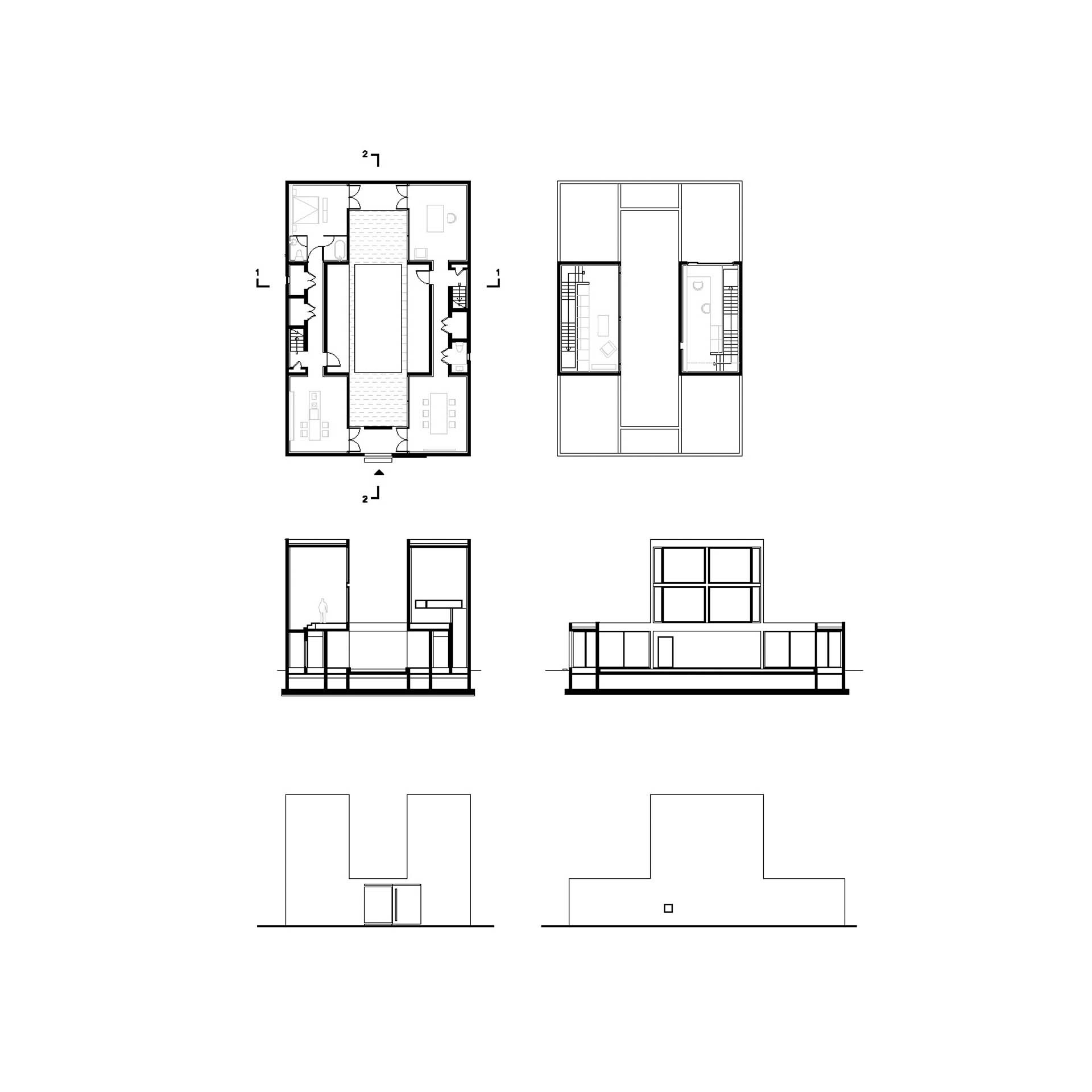 Floor plans and elevation drawings showing a residence with central courtyard and flanking rooms