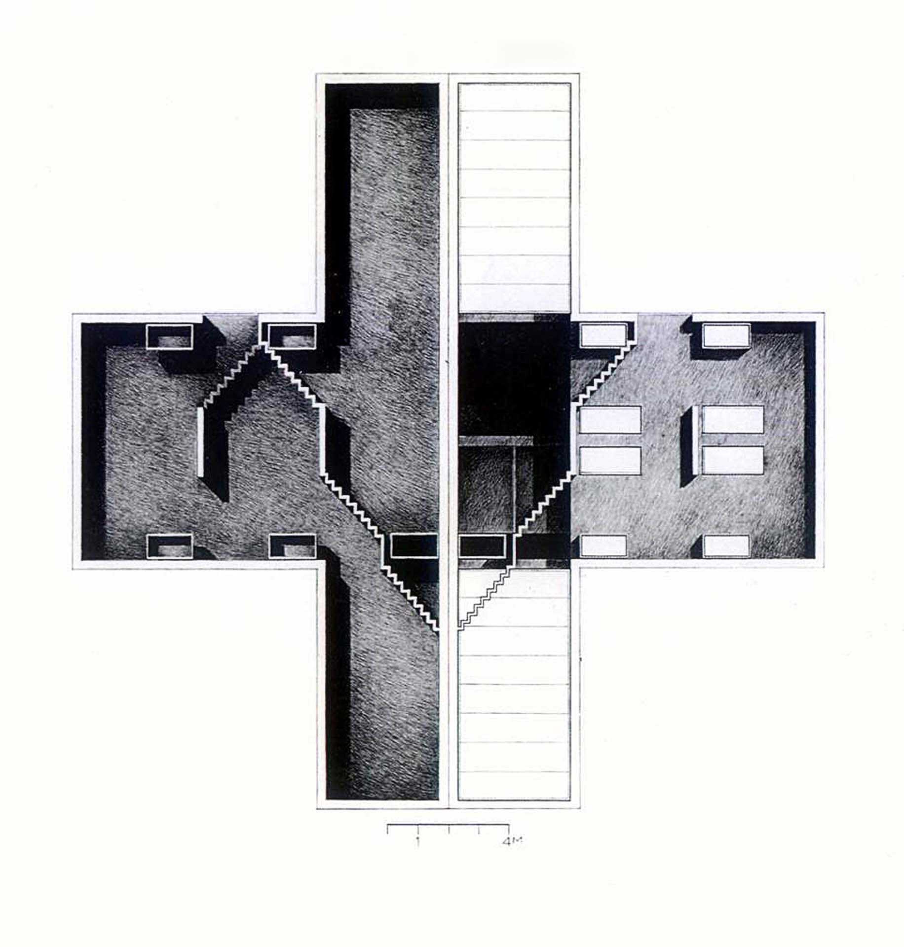 Floor plan drawing of a cruciform layout with central staircase connecting four wings