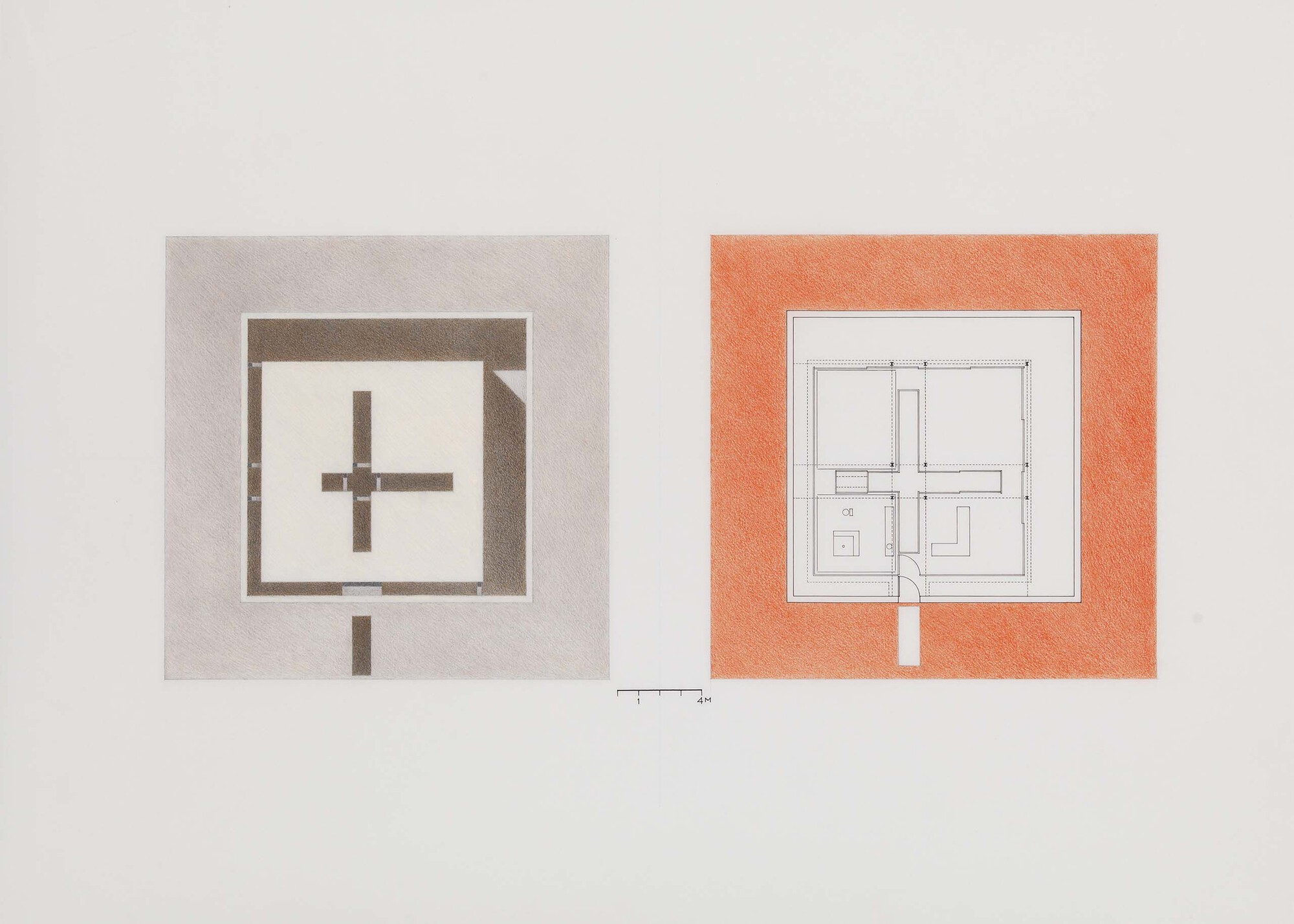 Paired plan drawings showing ground and upper levels with central circulation core