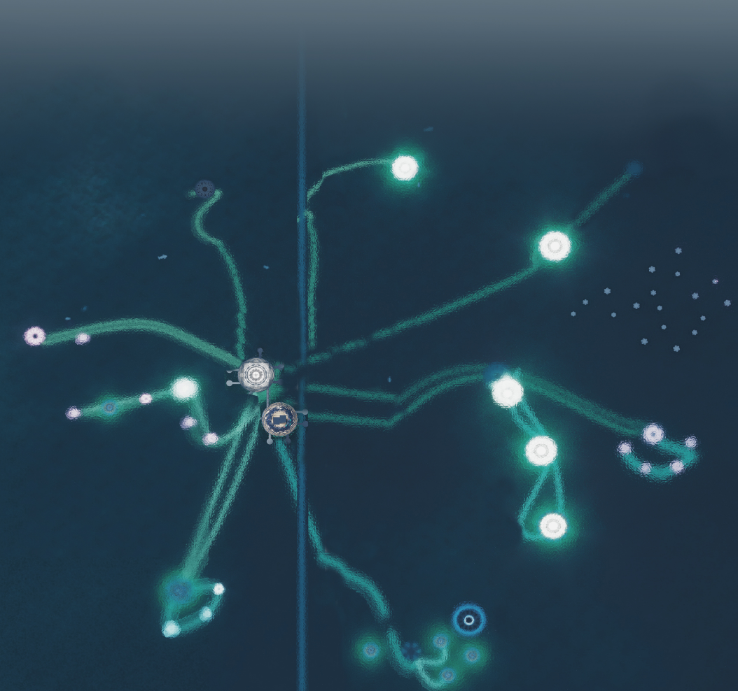 Illuminated marine network diagram visualizing underwater circulation and connected ocean habitats.
